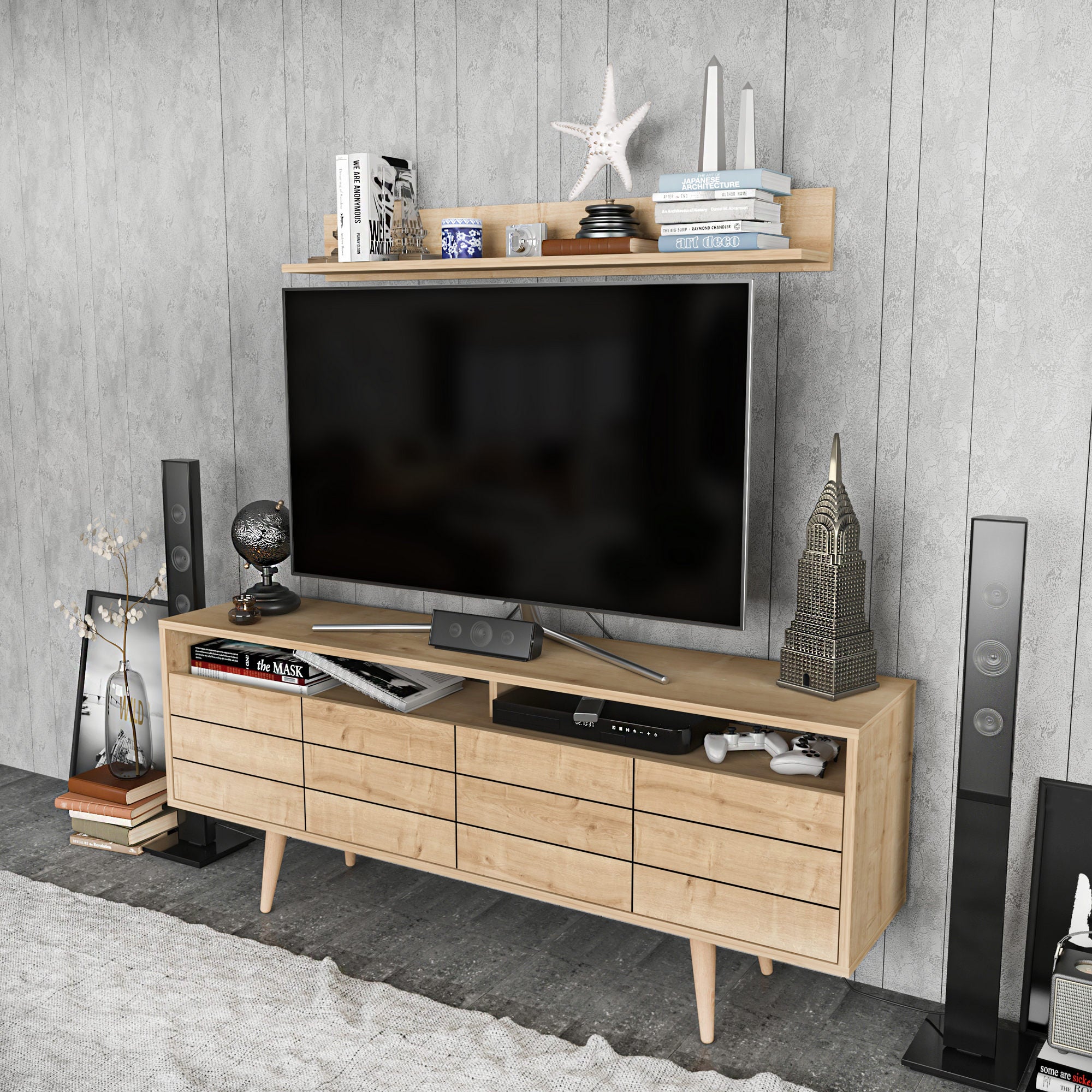 Móvel de TV Sapphire, 160 cm x 35 cm x 64,5 cm | Painel de partículas 100% revestido em melamina, 18 mm de espessura | Armazenamento elegante e funcional para salas de estar modernas