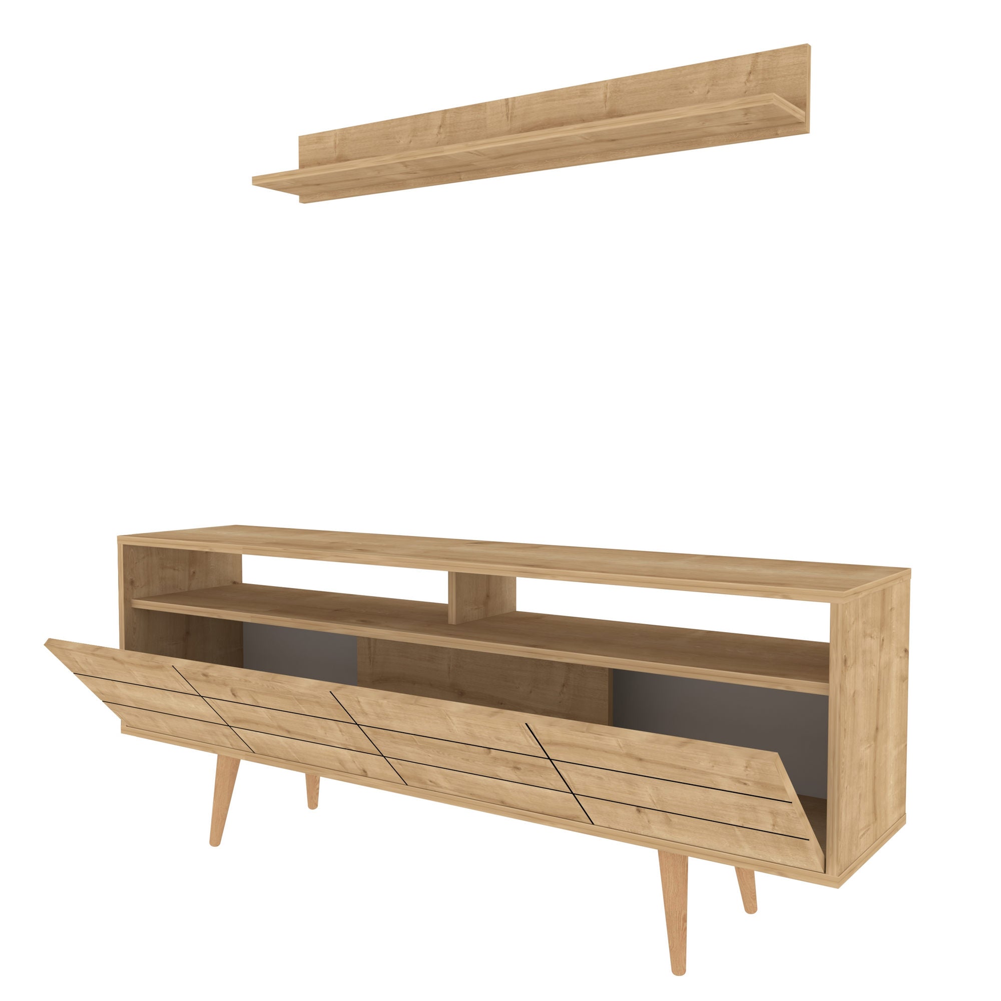 Móvel de TV Sapphire, 160 cm x 35 cm x 64,5 cm | Painel de partículas 100% revestido em melamina, 18 mm de espessura | Armazenamento elegante e funcional para salas de estar modernas