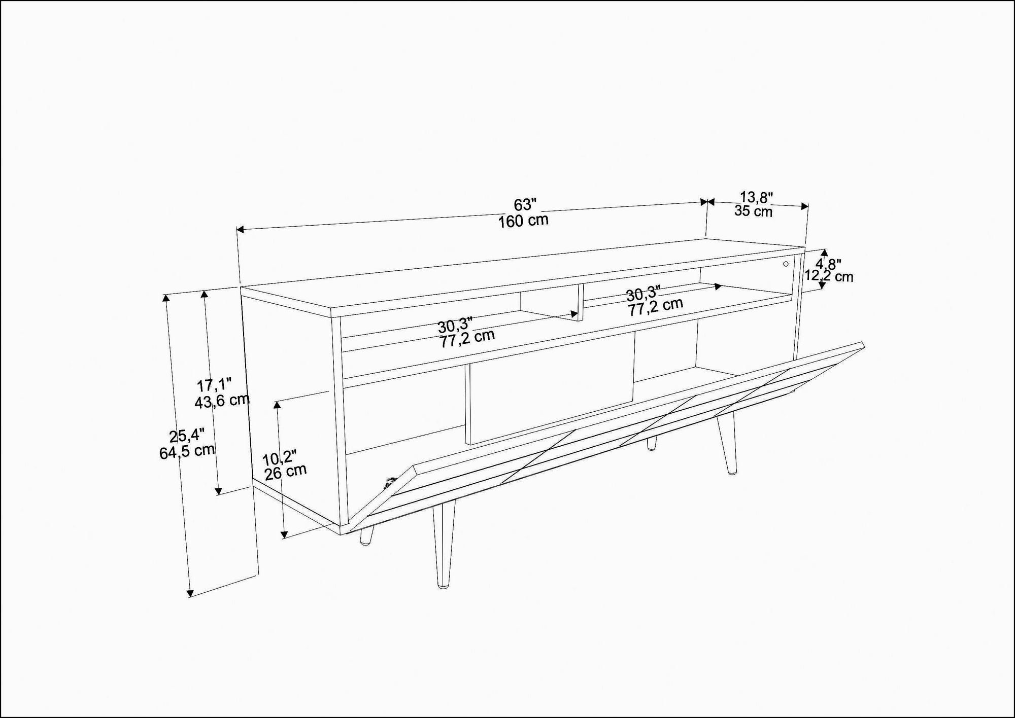 Móvel de TV Sapphire, 160 cm x 35 cm x 64,5 cm | Painel de partículas 100% revestido em melamina, 18 mm de espessura | Armazenamento elegante e funcional para salas de estar modernas