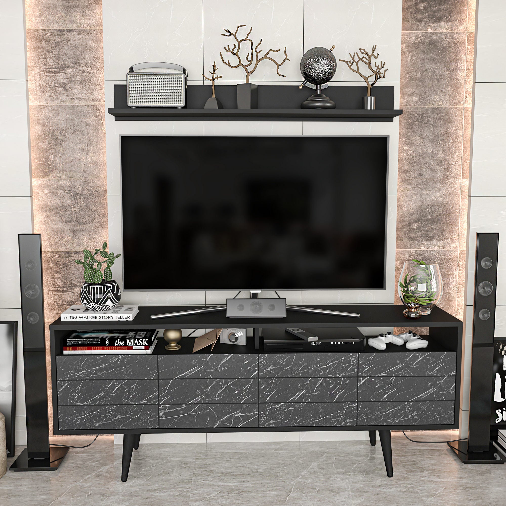 Móvel de TV moderno, preto antracite, 160 x 35 x 64,5 cm | Painel de partículas 100% revestido em melamina, 18 mm de espessura | Elegante e funcional para sala de estar
