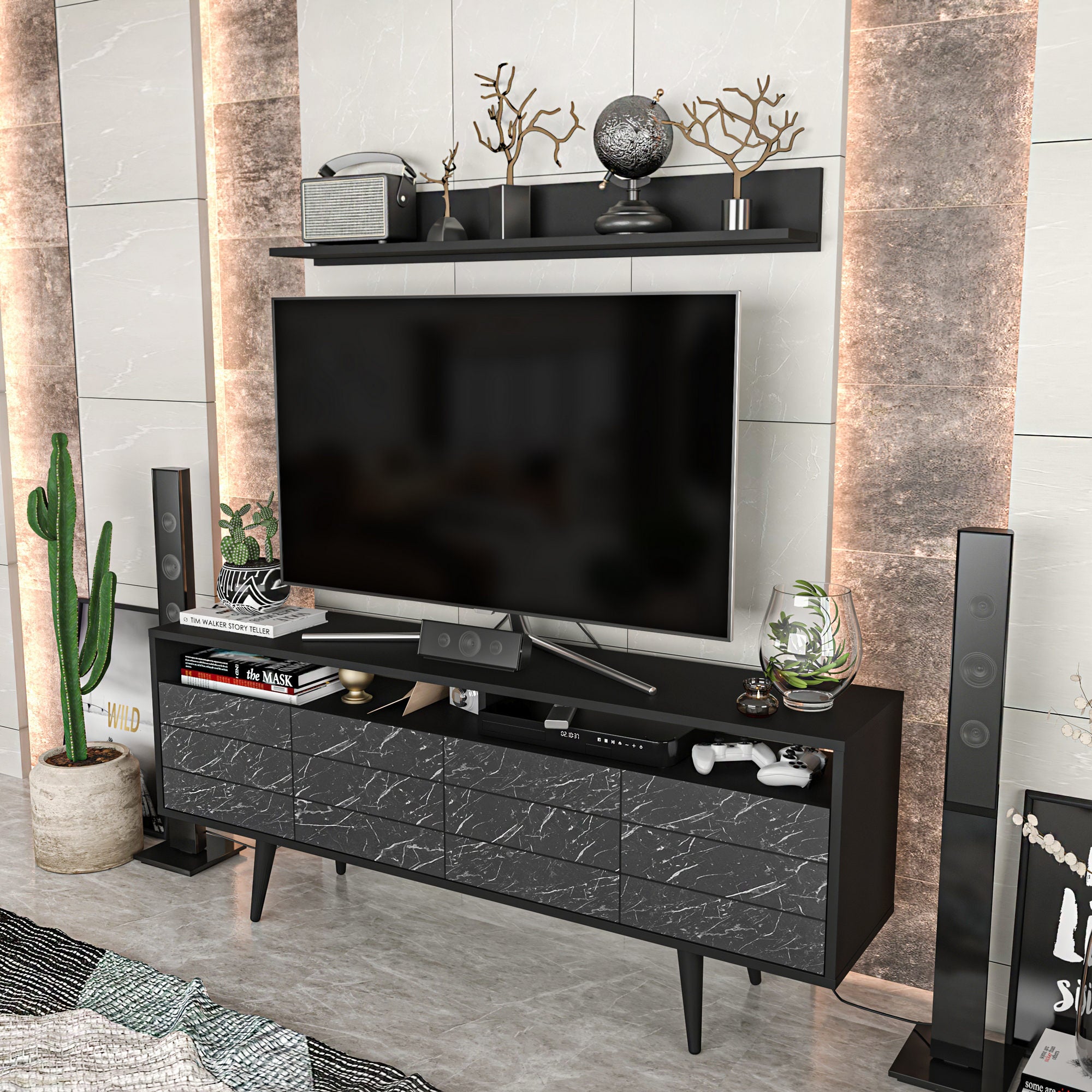 Móvel de TV moderno, preto antracite, 160 x 35 x 64,5 cm | Painel de partículas 100% revestido em melamina, 18 mm de espessura | Elegante e funcional para sala de estar
