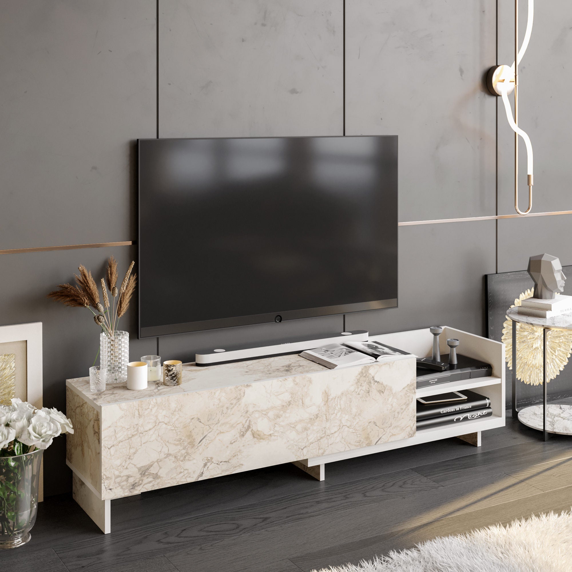 Móvel de TV moderno, branco, 165 x 35 x 41 cm | Painel de partículas 100% revestido em melamina, 18 mm de espessura | Design elegante em antracite para salas de estar elegantes