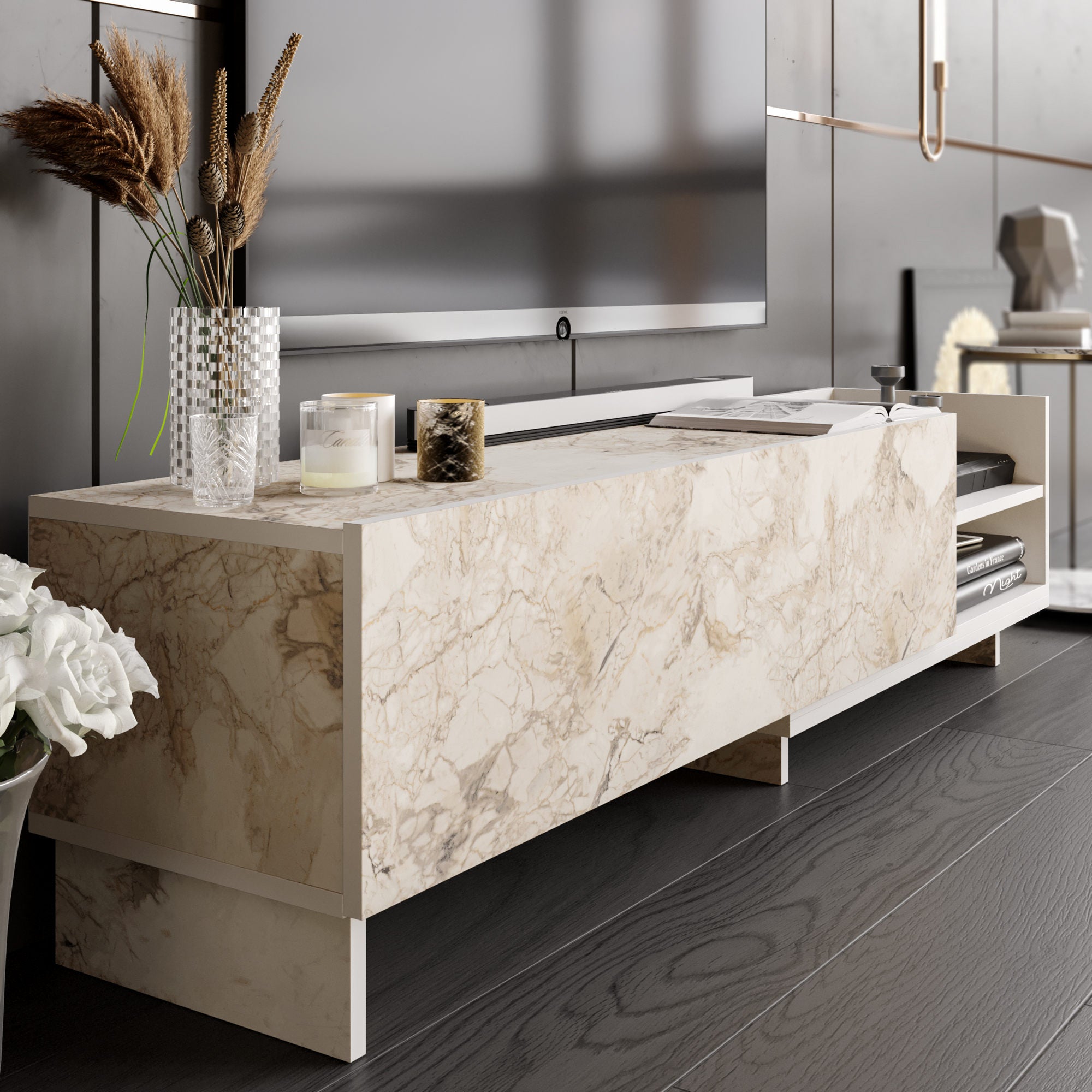 Móvel de TV moderno, branco, 165 x 35 x 41 cm | Painel de partículas 100% revestido em melamina, 18 mm de espessura | Design elegante em antracite para salas de estar elegantes