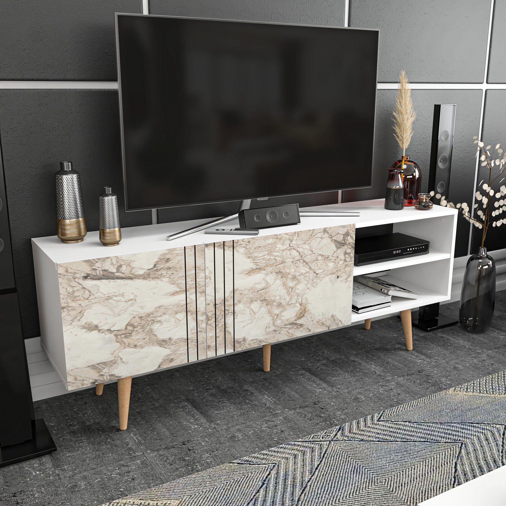 Móvel de TV moderno, 160 cm, antracite e branco, 100% aglomerado revestido com melamina, 18 mm de espessura | Design elegante para salas de estar e espaços de entretenimento