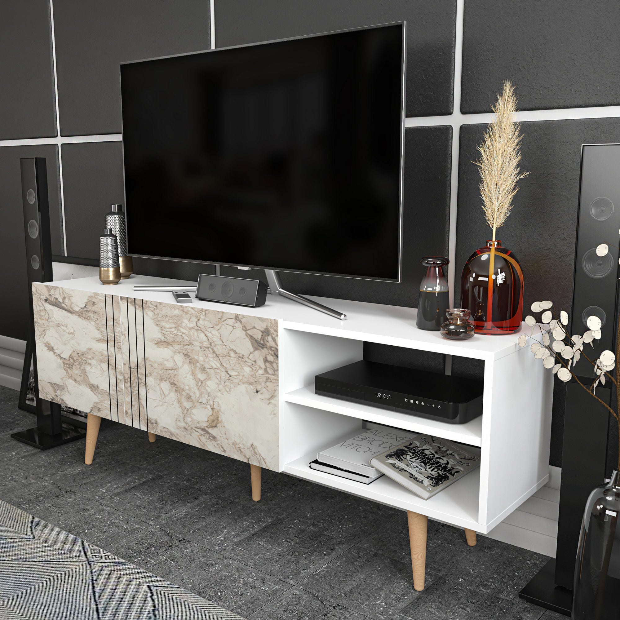 Móvel de TV moderno, 160 cm, antracite e branco, 100% aglomerado revestido com melamina, 18 mm de espessura | Design elegante para salas de estar e espaços de entretenimento