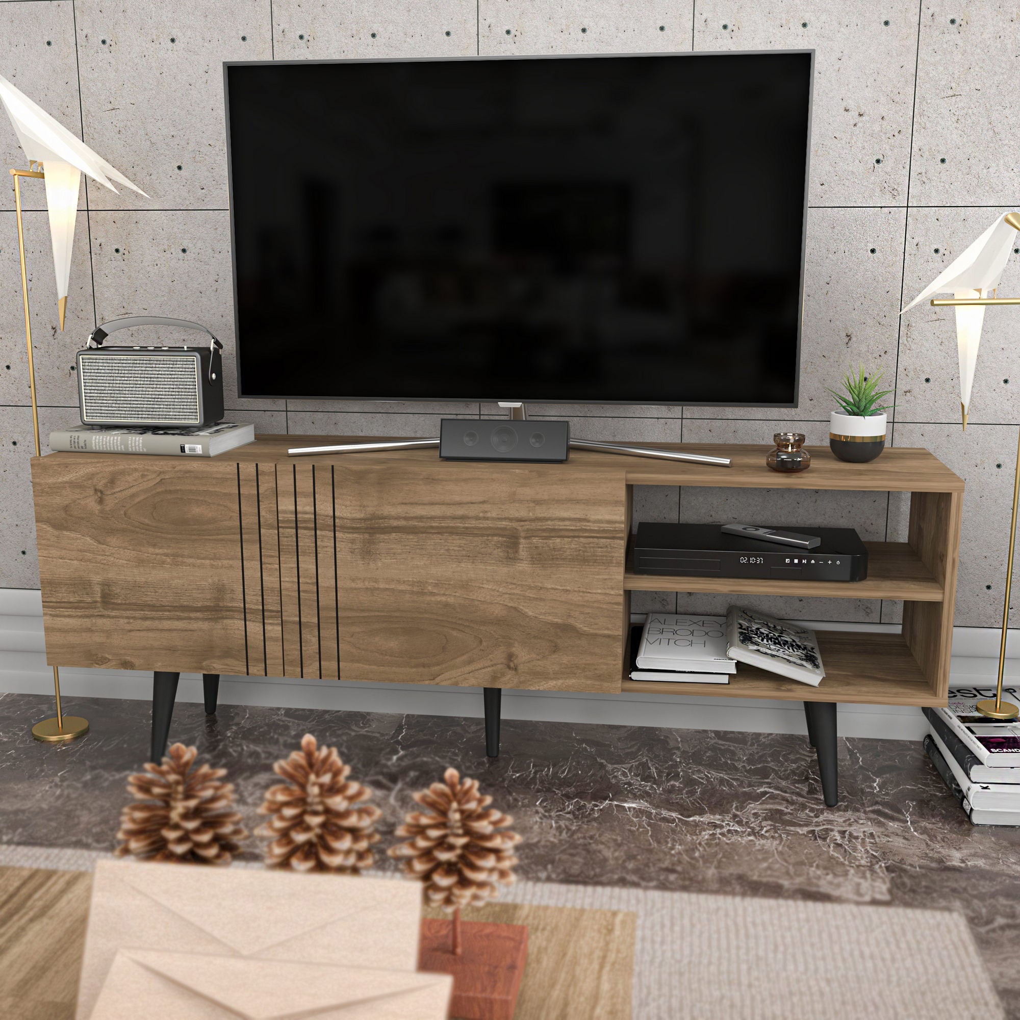 Móvel de TV elegante em nogueira, 160 cm x 35 cm x 38,6 cm | Painel de partículas 100% revestido em melamina, 18 mm de espessura | Perfeito para salas de estar e espaços de entretenimento modernos