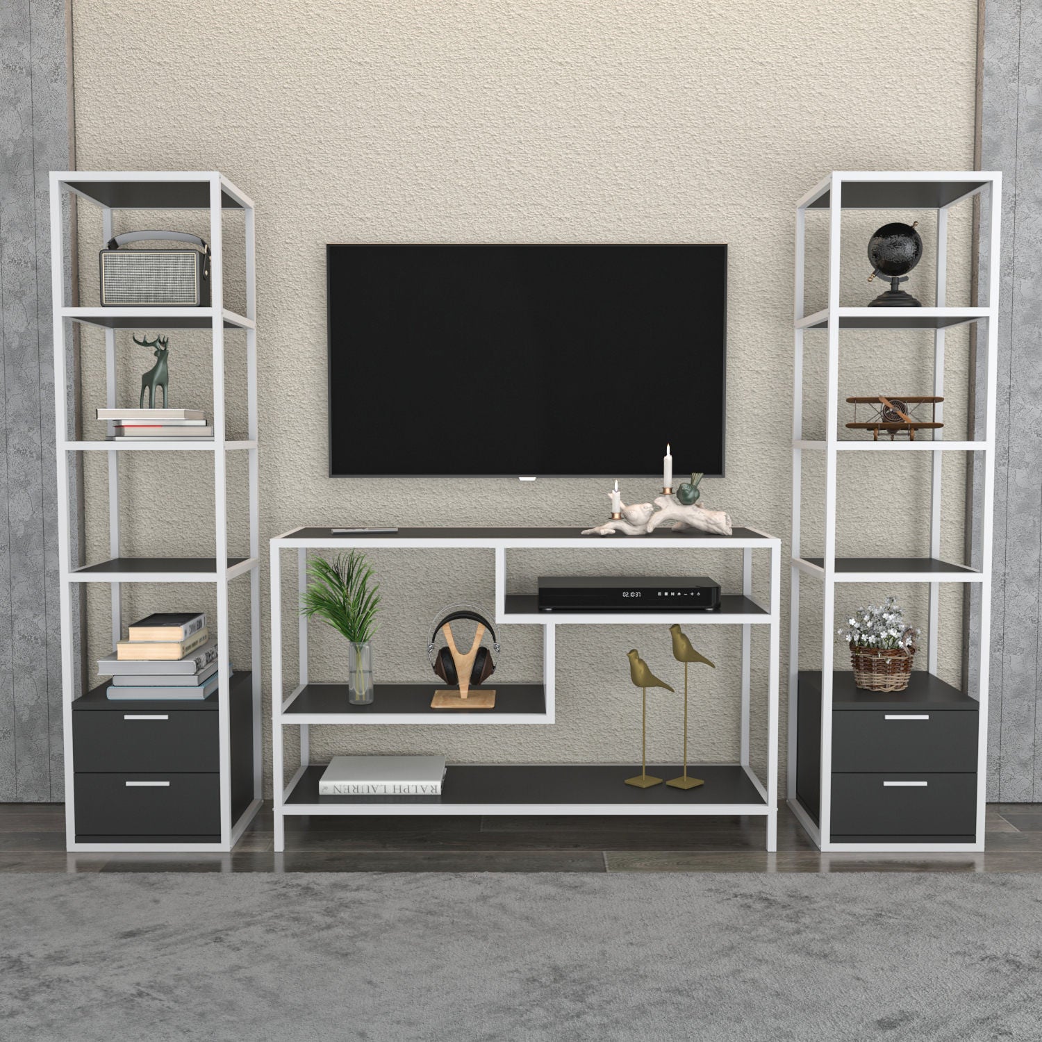 Móvel de TV elegante, branco e antracite, 198 x 39 x 160 cm | Painel de partículas 100% revestido em melamina, 18 mm de espessura | Design moderno para salas de estar e espaços de entretenimento