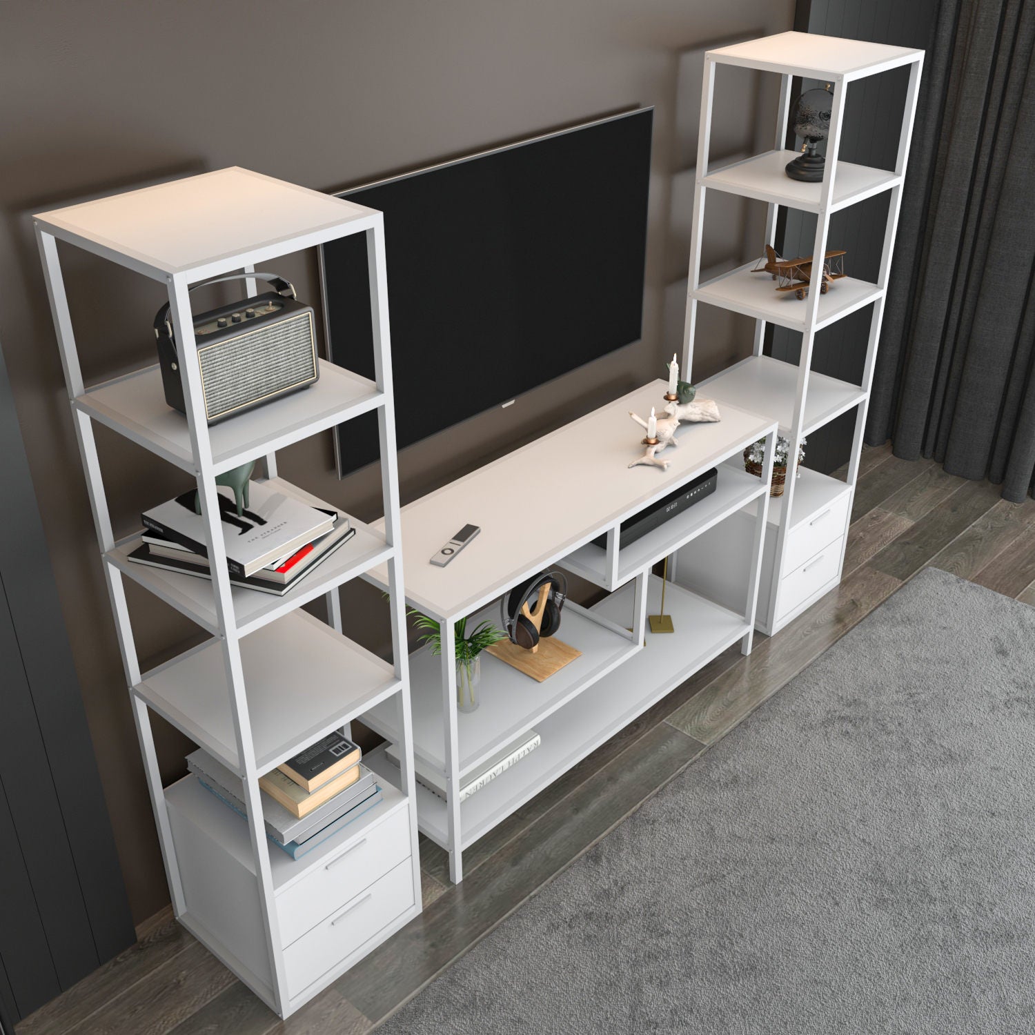 Móvel de TV Escandinavo, Branco, 198 x 39 x 160 cm | Painel de partículas 100% revestido em melamina, 18 mm de espessura | Elegante e funcional para salas de estar modernas