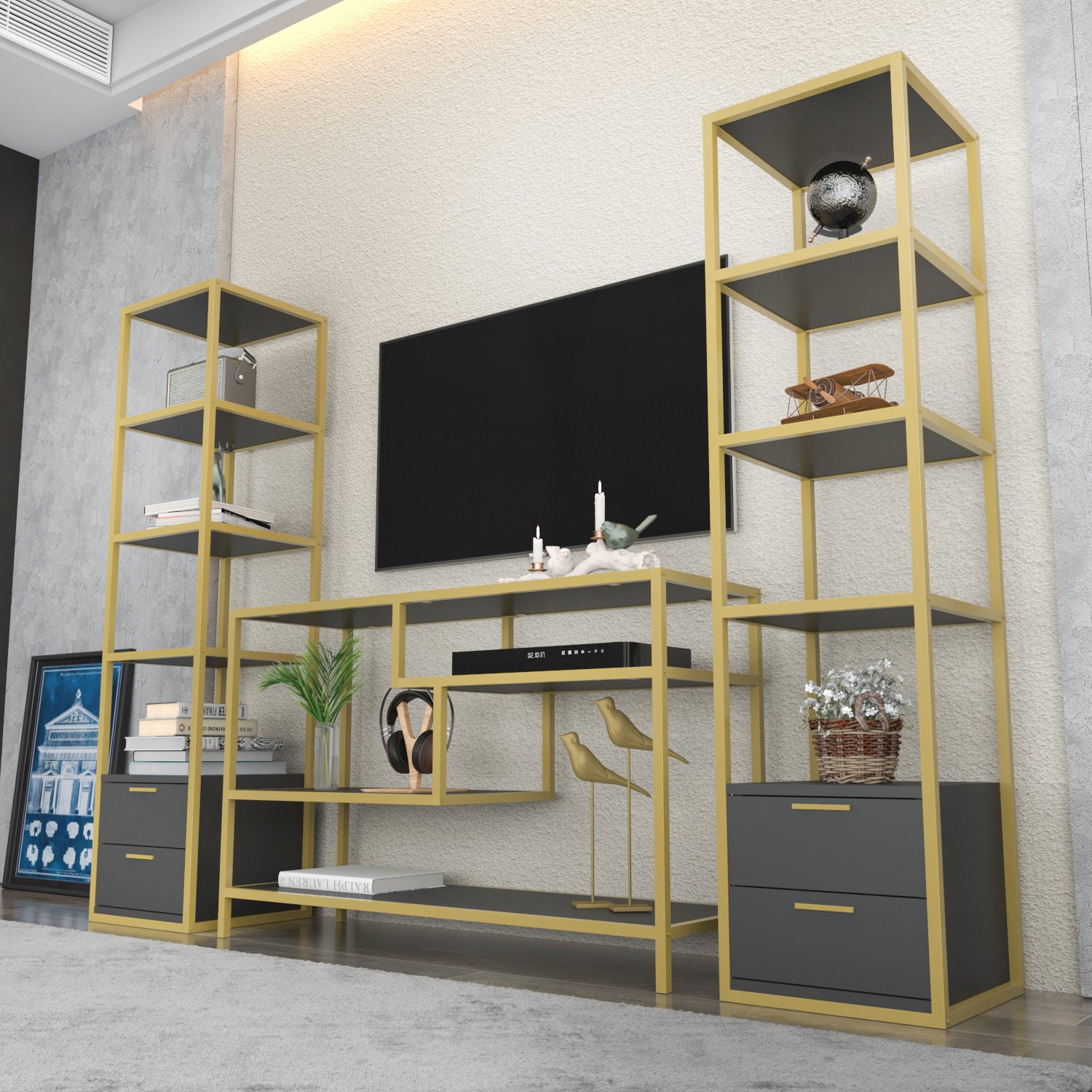 Móvel de TV Glamouroso, Dourado e Antracite, 198 x 39 x 160 cm | Painel de partículas 100% revestido em melamina, 18 mm de espessura | Armazenamento elegante para salas de estar modernas