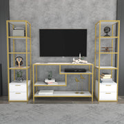 Móvel de TV Glamouroso, Dourado e Branco, 198 x 39 x 160 cm | Painel de partículas 100% revestido em melamina, 18 mm de espessura | Armazenamento elegante para salas de estar modernas
