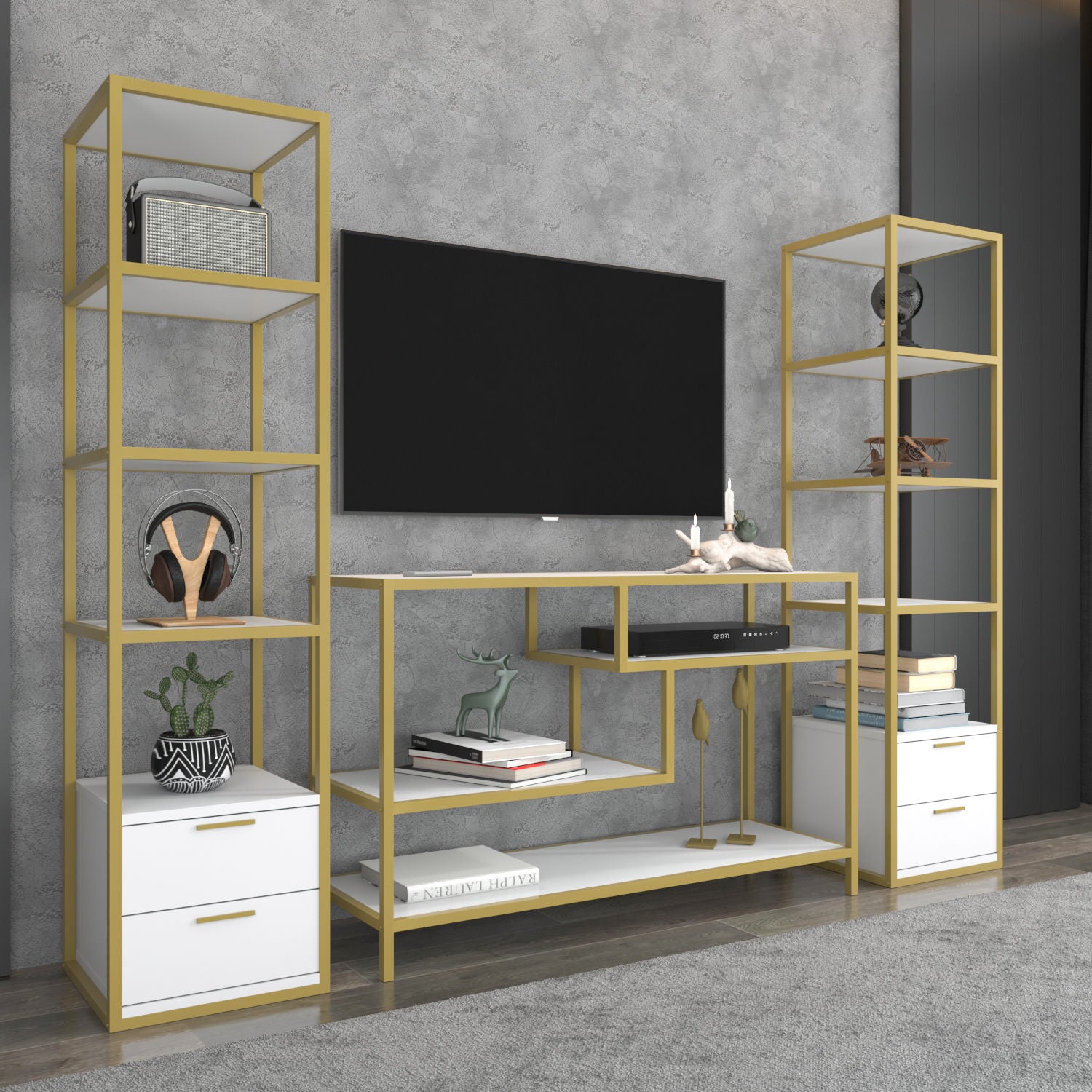 Móvel de TV Glamouroso, Dourado e Branco, 198 x 39 x 160 cm | Painel de partículas 100% revestido em melamina, 18 mm de espessura | Armazenamento elegante para salas de estar modernas