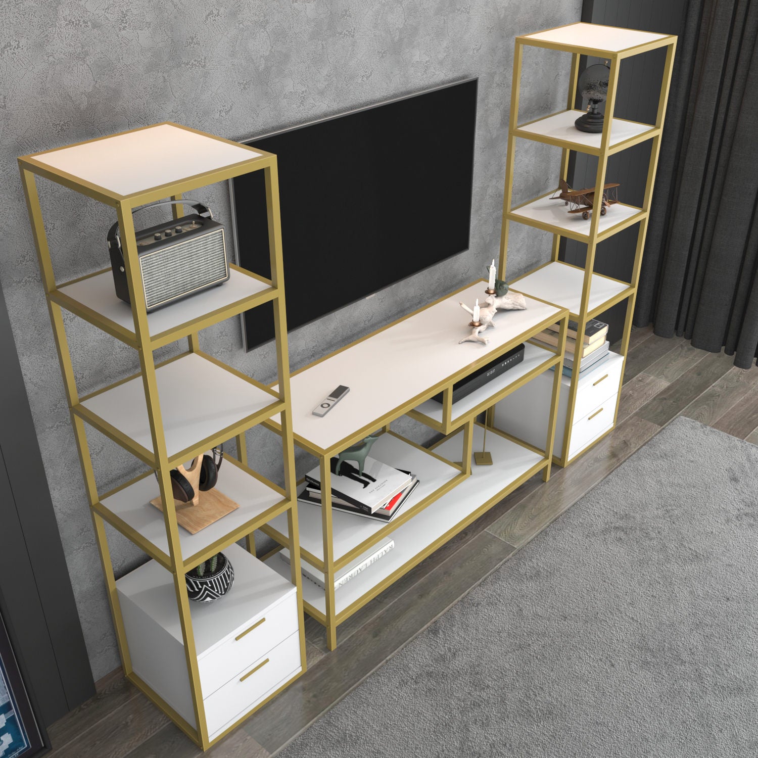 Móvel de TV Glamouroso, Dourado e Branco, 198 x 39 x 160 cm | Painel de partículas 100% revestido em melamina, 18 mm de espessura | Armazenamento elegante para salas de estar modernas