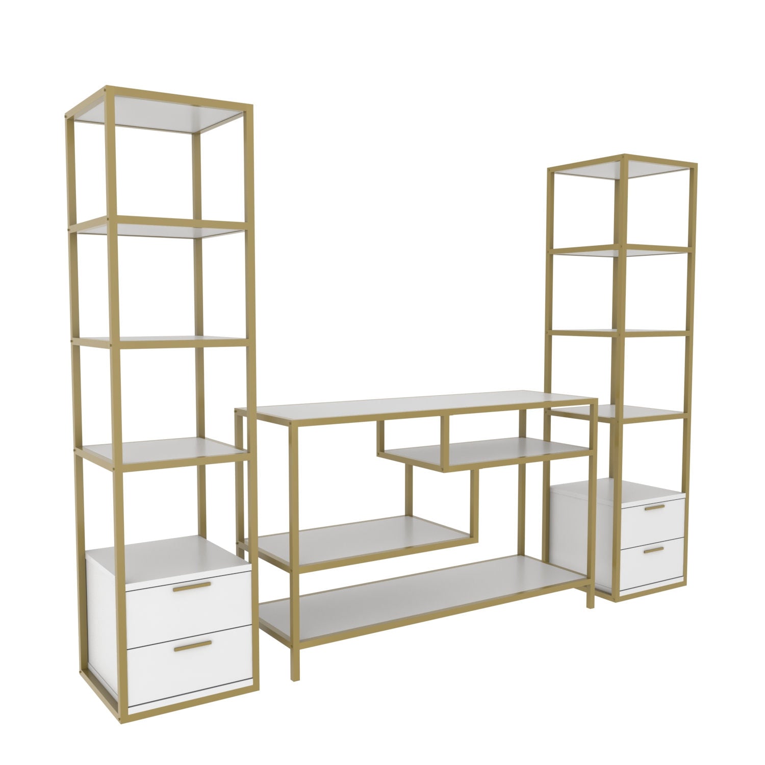 Móvel de TV Glamouroso, Dourado e Branco, 198 x 39 x 160 cm | Painel de partículas 100% revestido em melamina, 18 mm de espessura | Armazenamento elegante para salas de estar modernas