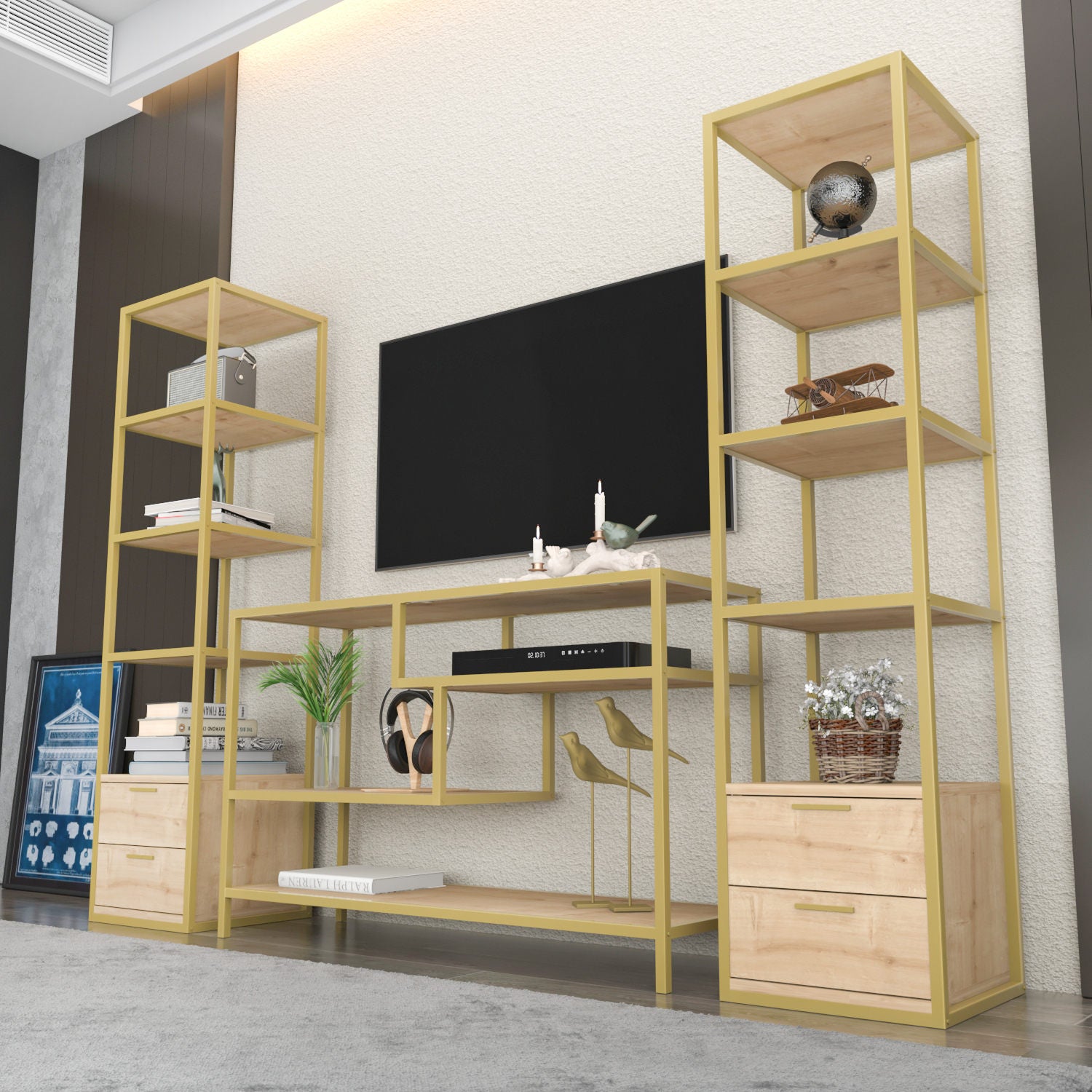 Móvel de TV Glamouroso, Dourado e Carvalho, 198 x 39 x 160 cm | Painel de partículas 100% revestido em melamina, 18 mm de espessura | Armazenamento elegante para salas de estar modernas
