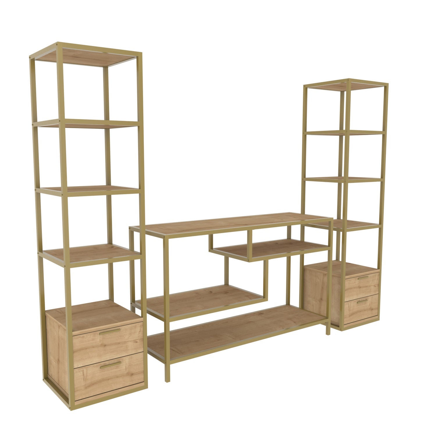 Móvel de TV Glamouroso, Dourado e Carvalho, 198 x 39 x 160 cm | Painel de partículas 100% revestido em melamina, 18 mm de espessura | Armazenamento elegante para salas de estar modernas