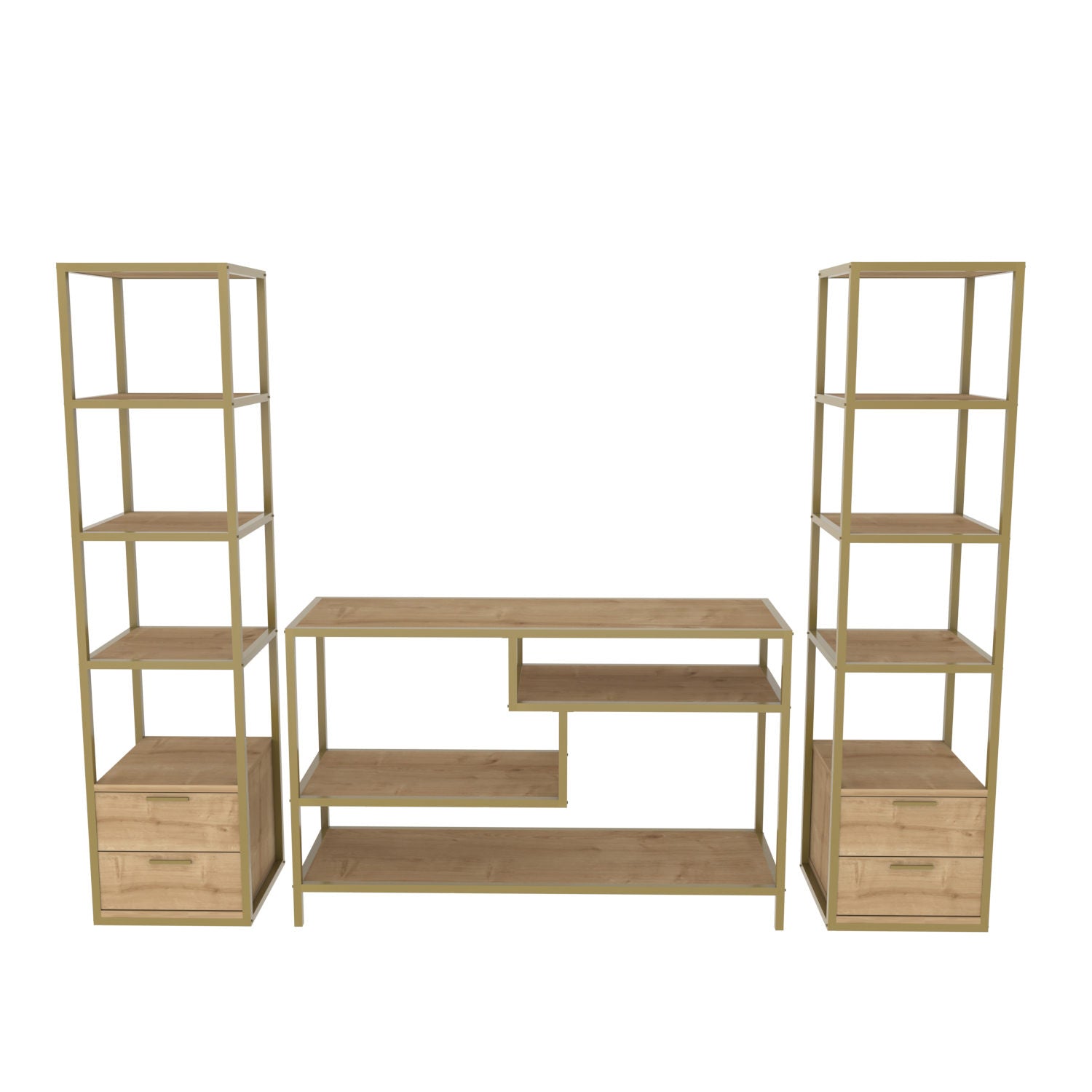 Móvel de TV Glamouroso, Dourado e Carvalho, 198 x 39 x 160 cm | Painel de partículas 100% revestido em melamina, 18 mm de espessura | Armazenamento elegante para salas de estar modernas