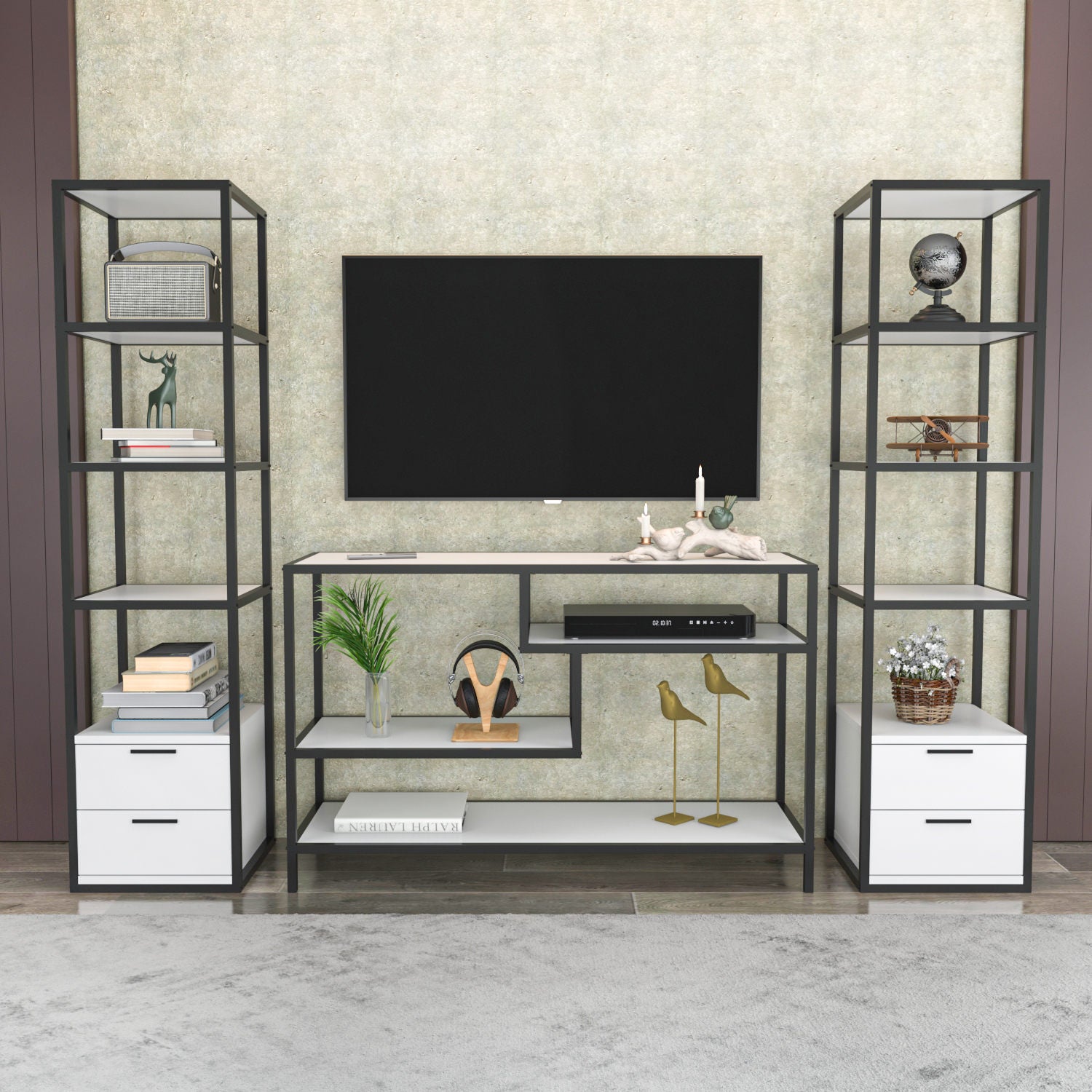 Móvel de TV elegante, preto e branco, 198 x 39 x 160 cm | Painel de partículas 100% revestido em melamina, 18 mm de espessura | Design moderno para salas de estar e espaços de entretenimento