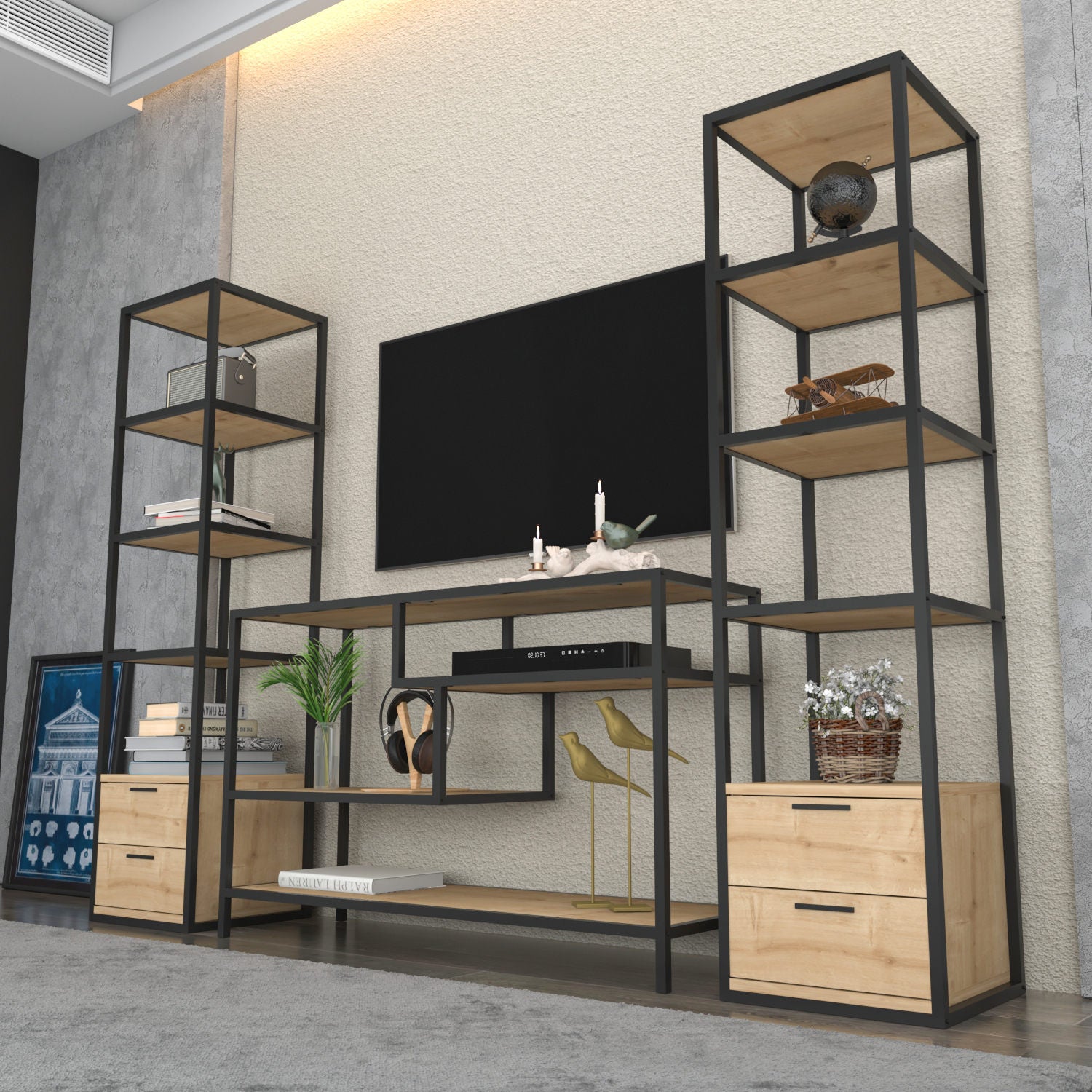 Móvel de TV Industrial, Preto e Carvalho, 198 x 39 x 160 cm | Painel de Partículas 100% Revestido em Melamina, 18 mm de Espessura | Elegante e Funcional para Salas de Estar Modernas