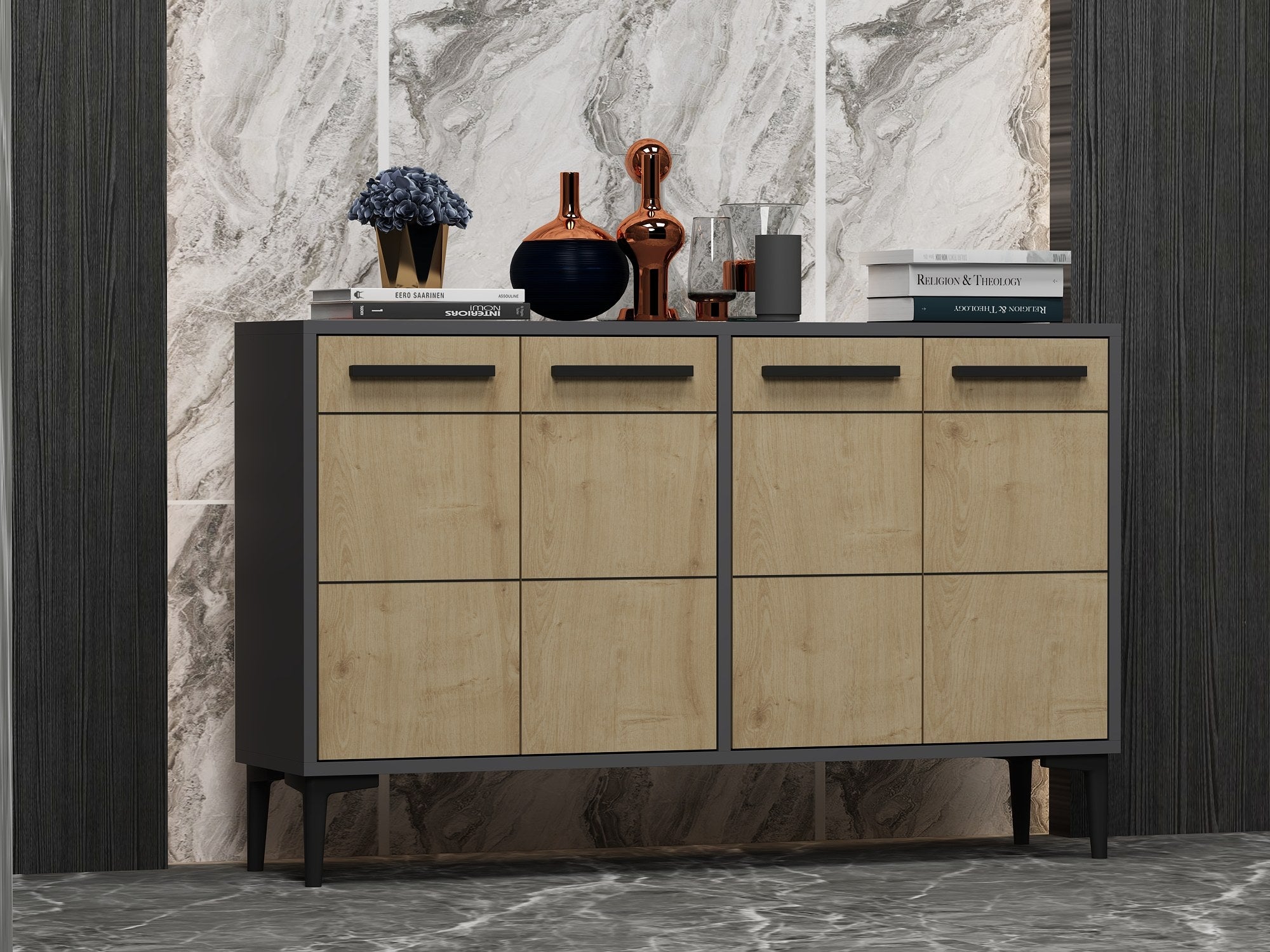 Aparador – 120 cm x 30 cm x 75 cm – Antracite e Carvalho Safira – MDF