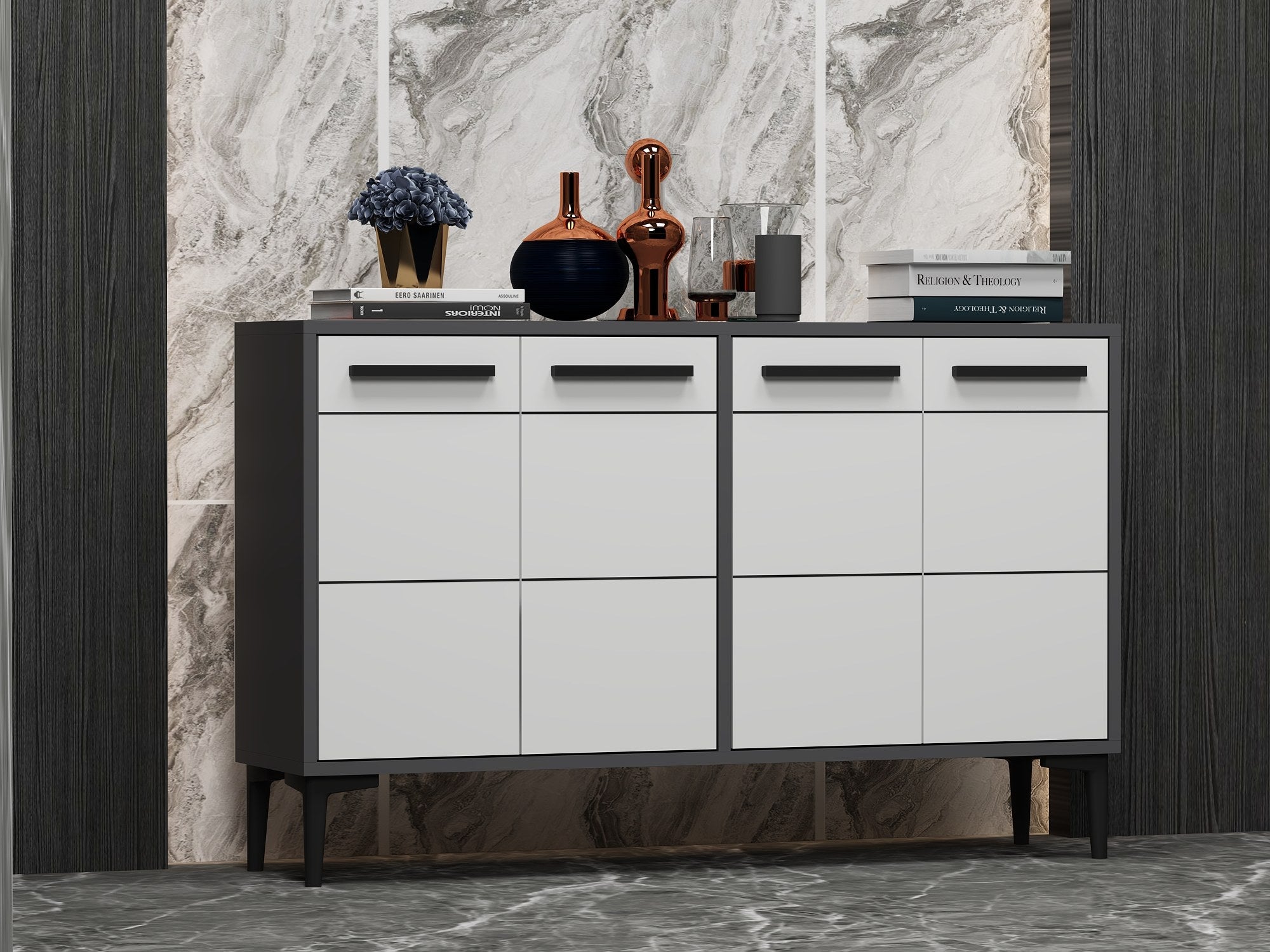 Aparador de TV – 120cm x 30cm x 75cm – Antracite e Branco – Painel de partículas revestido em melamina