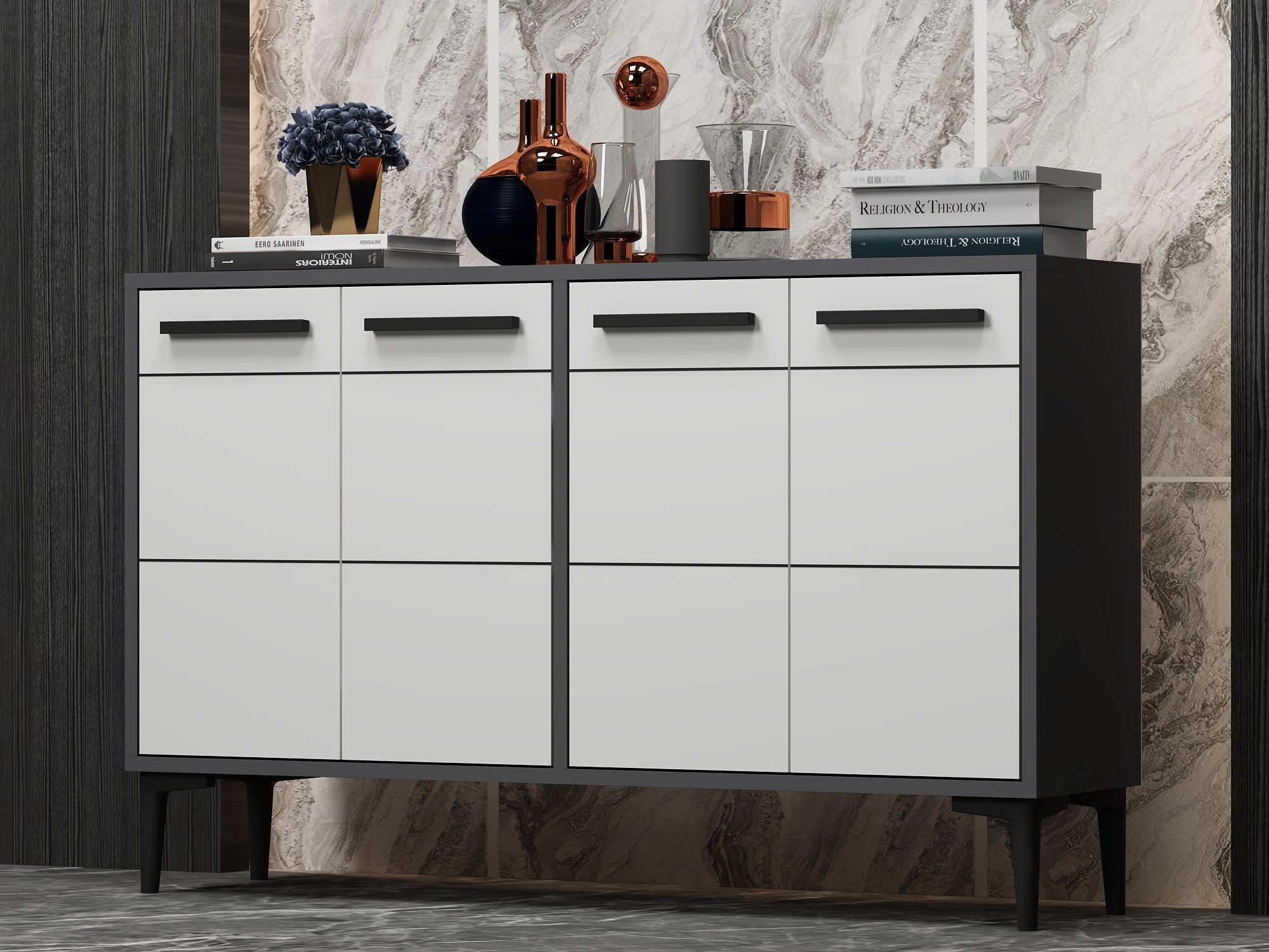 Aparador de TV – 120cm x 30cm x 75cm – Antracite e Branco – Painel de partículas revestido em melamina
