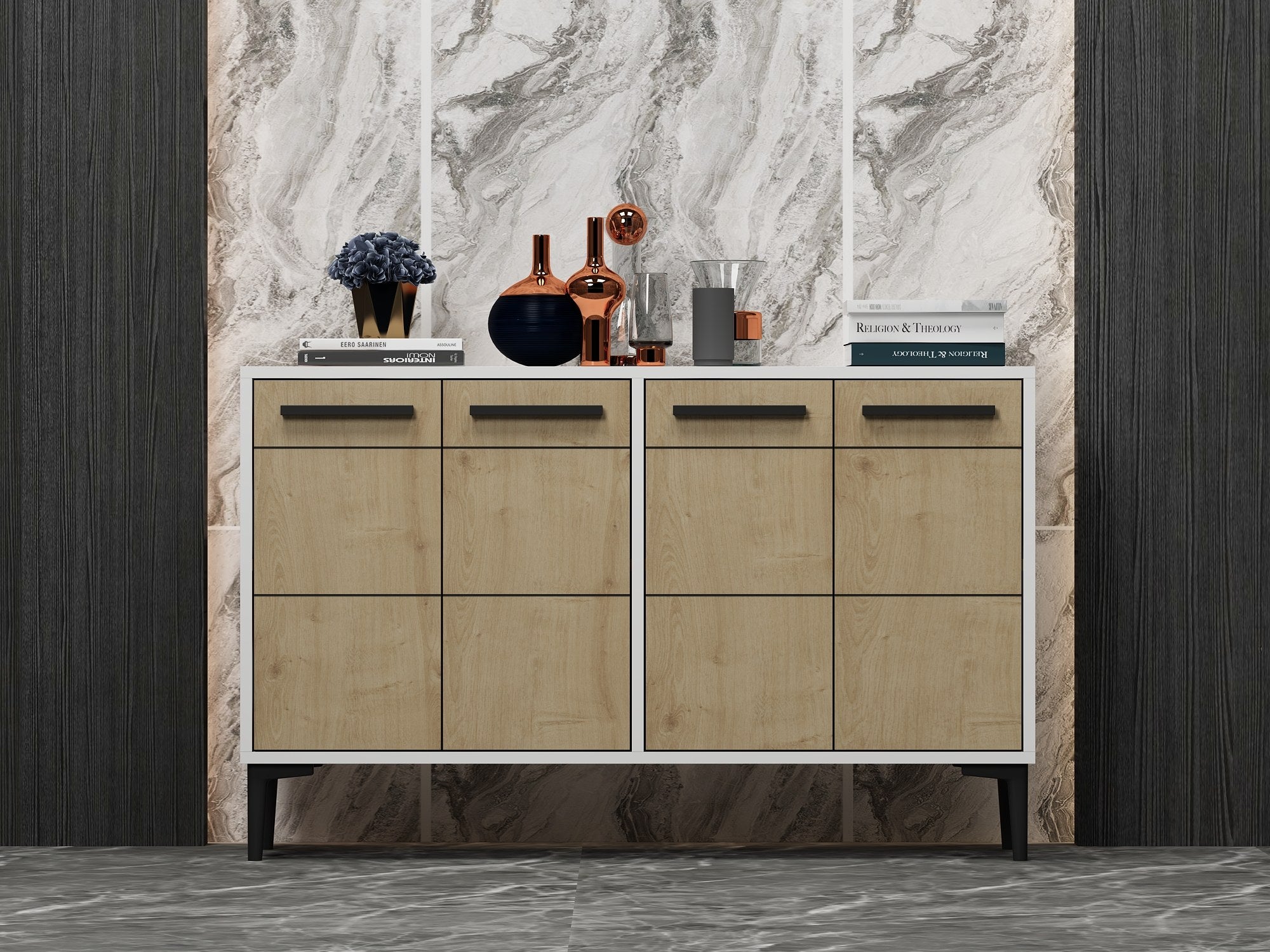 Aparador – 120cm x 30cm x 75cm – Branco e Carvalho Safira – MDF