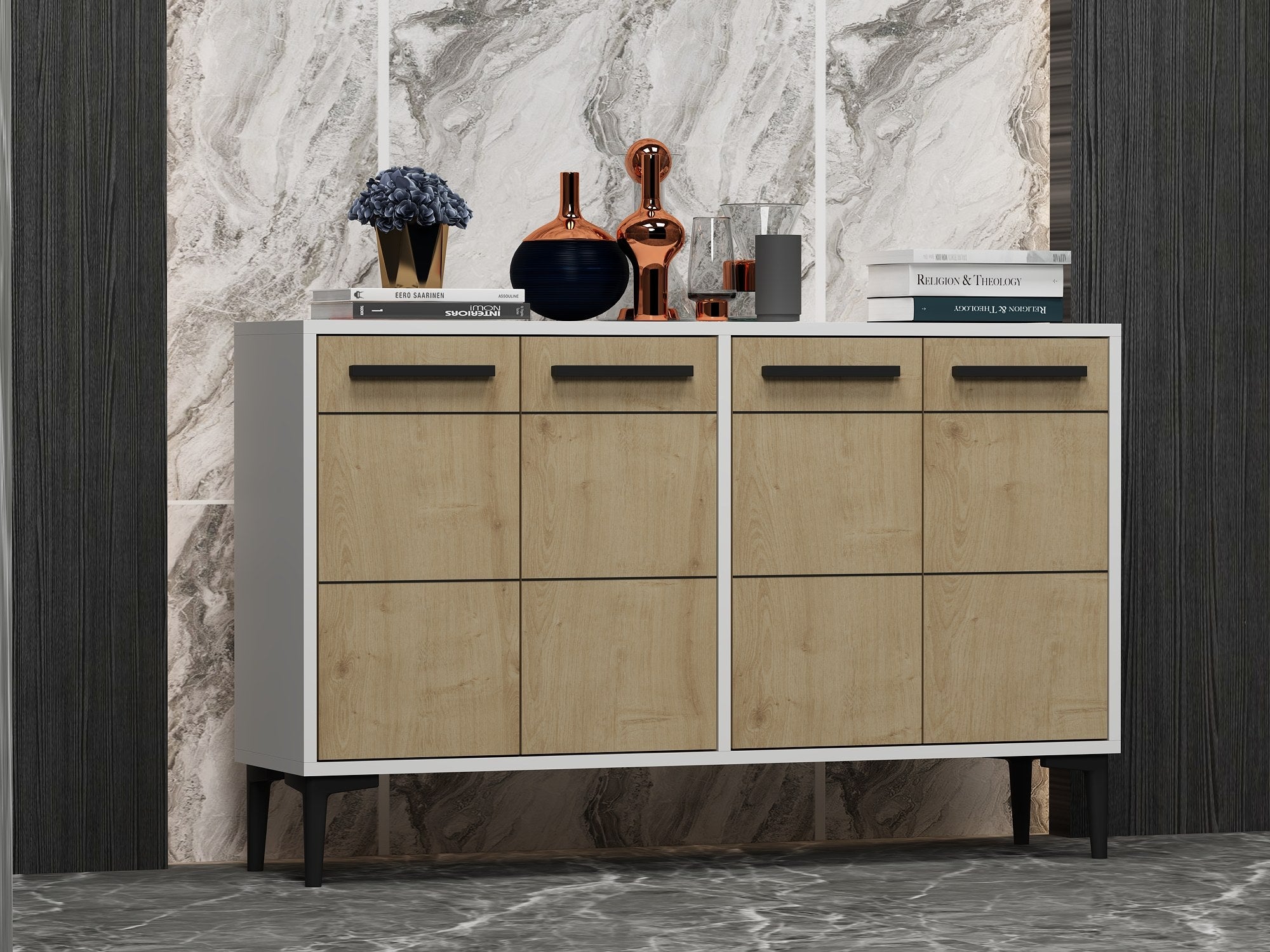Aparador – 120cm x 30cm x 75cm – Branco e Carvalho Safira – MDF