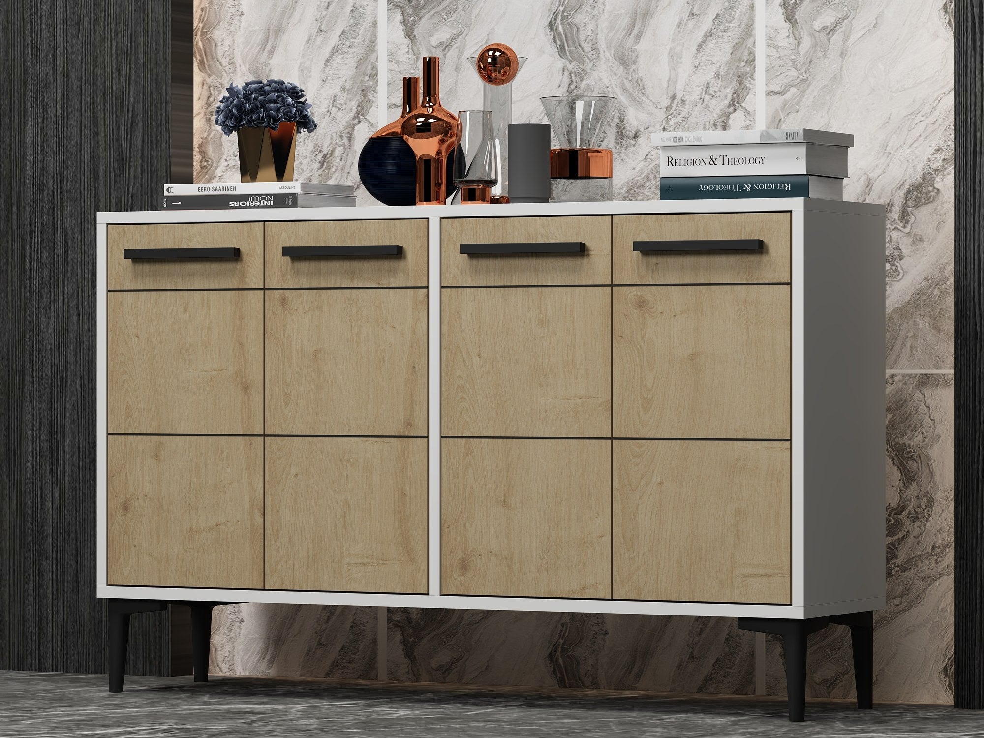 Aparador – 120cm x 30cm x 75cm – Branco e Carvalho Safira – MDF