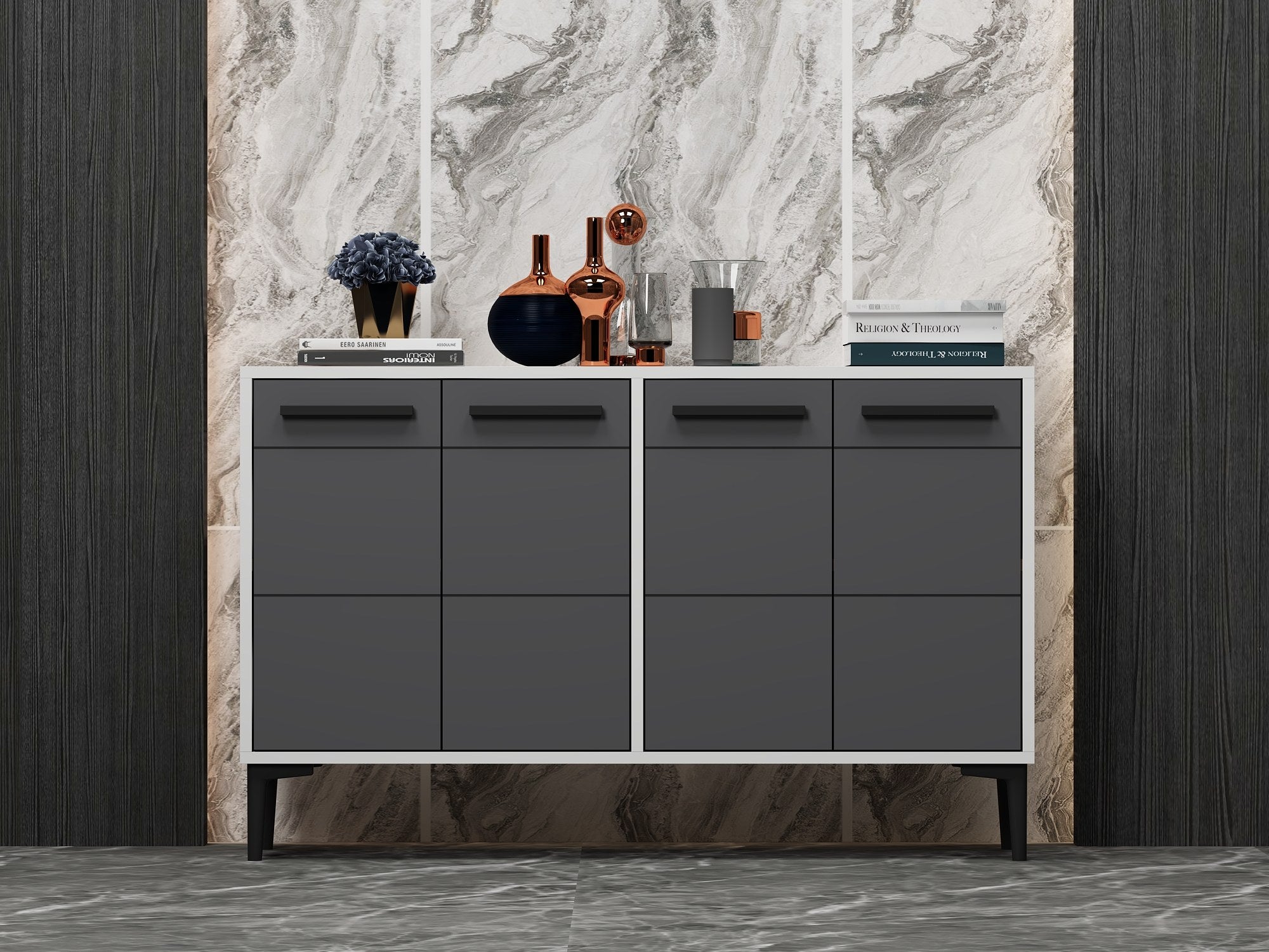 Aparador – 120cm x 30cm x 75cm – Branco e Antracite – MDF