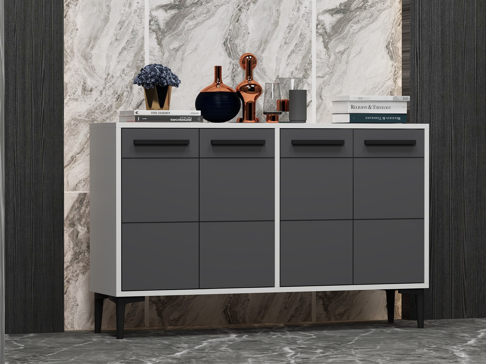 Aparador – 120cm x 30cm x 75cm – Branco e Antracite – MDF