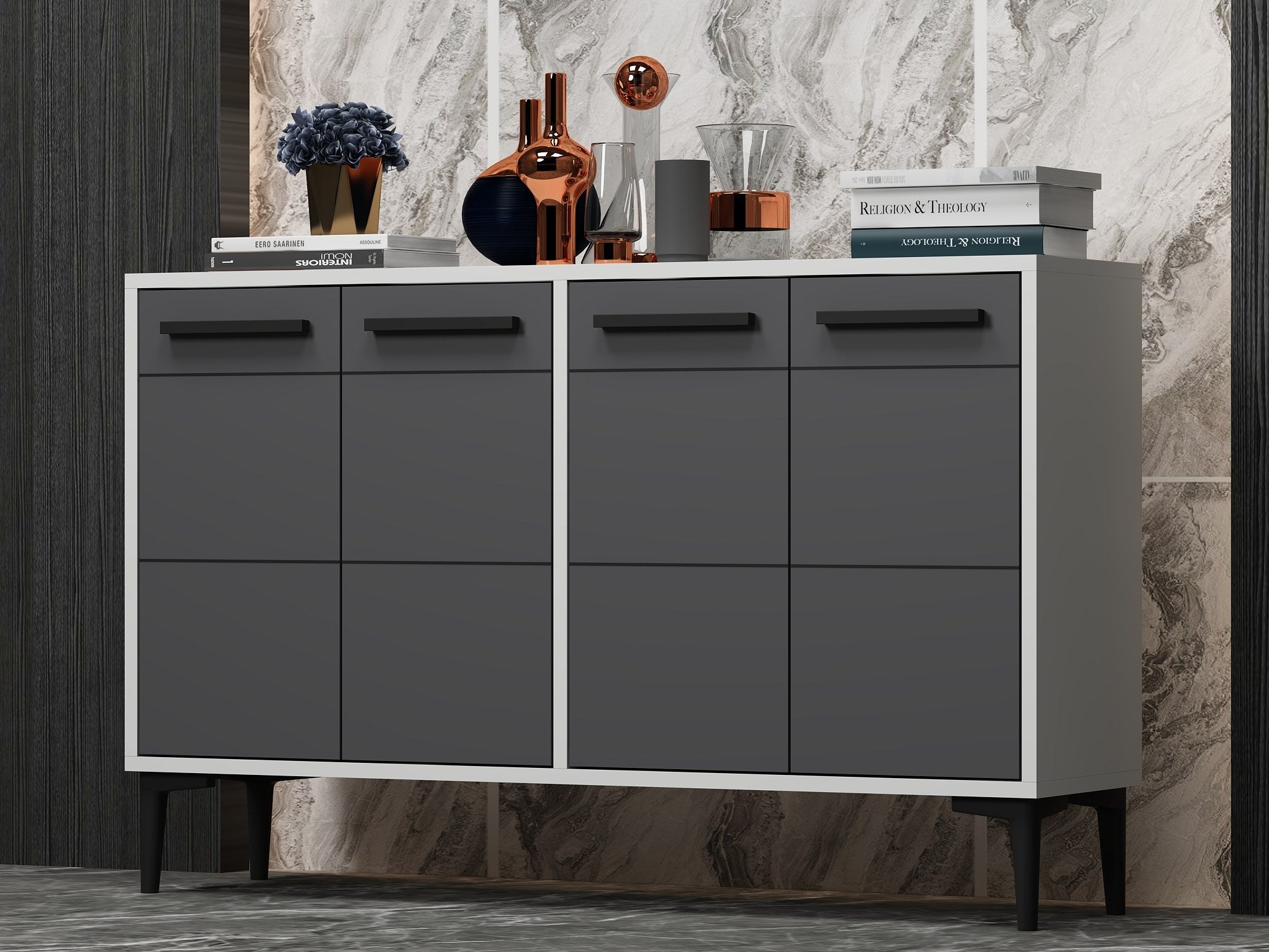 Aparador – 120cm x 30cm x 75cm – Branco e Antracite – MDF