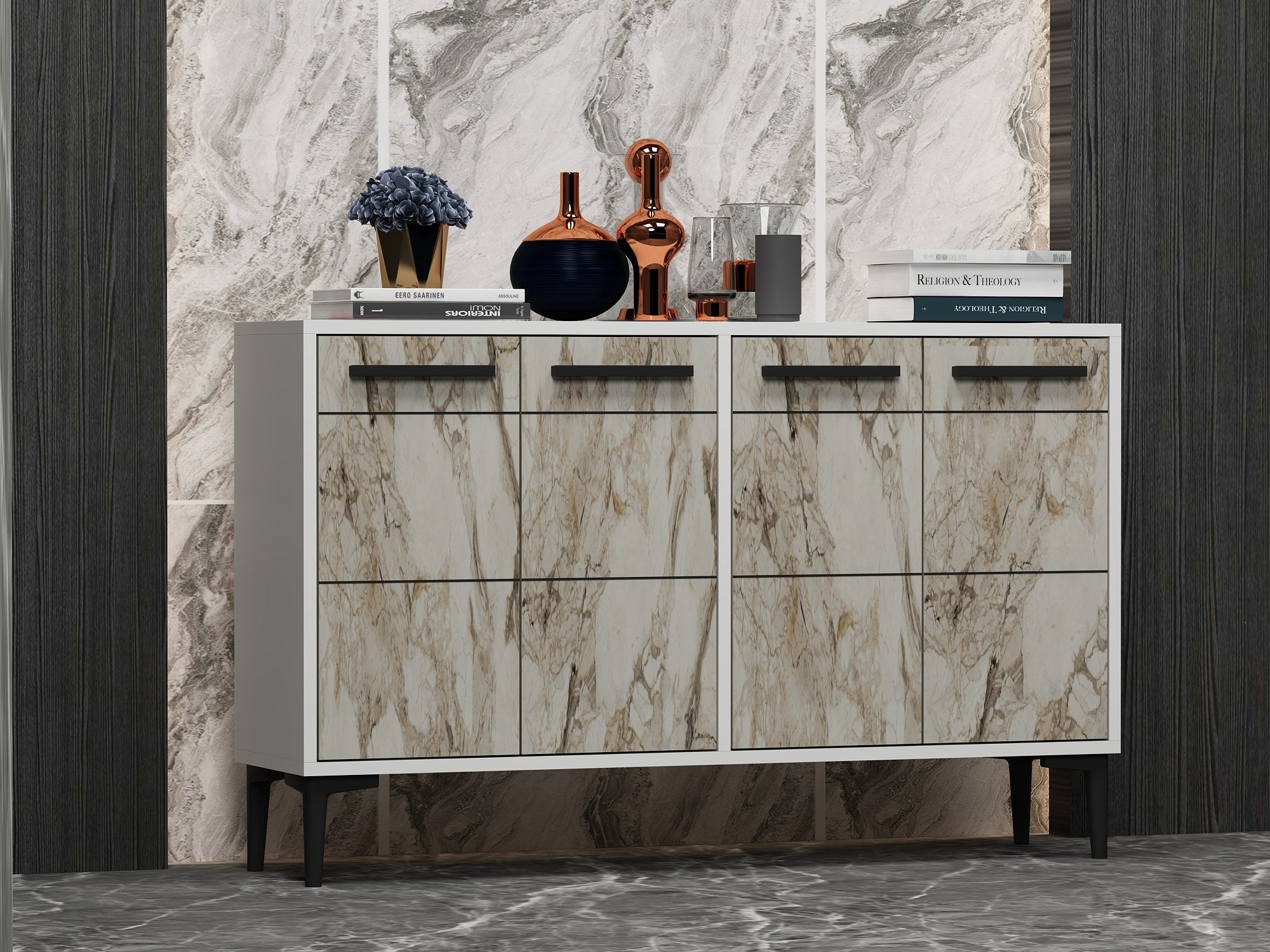 Aparador de MDF – 120cm x 30cm x 75cm – Branco e Mármore