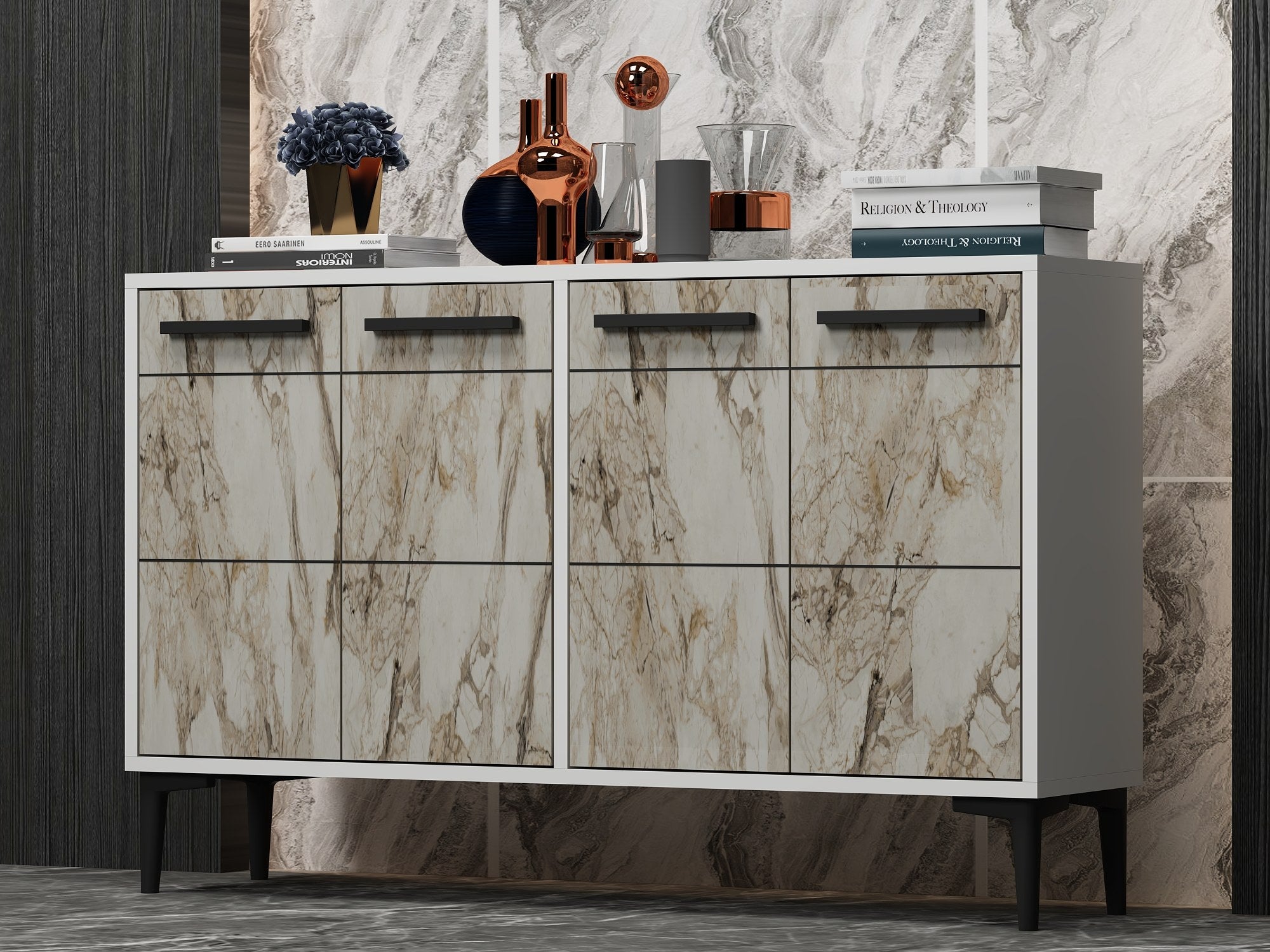 Aparador de MDF – 120cm x 30cm x 75cm – Branco e Mármore