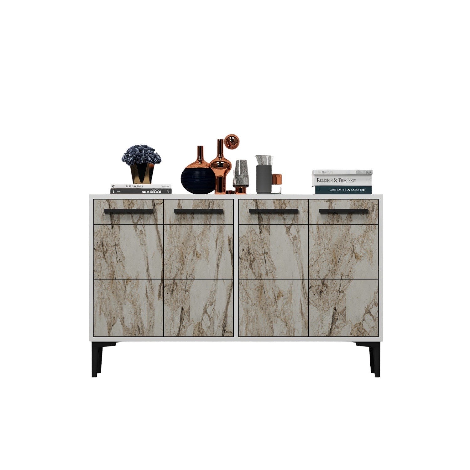 Aparador de MDF – 120cm x 30cm x 75cm – Branco e Mármore