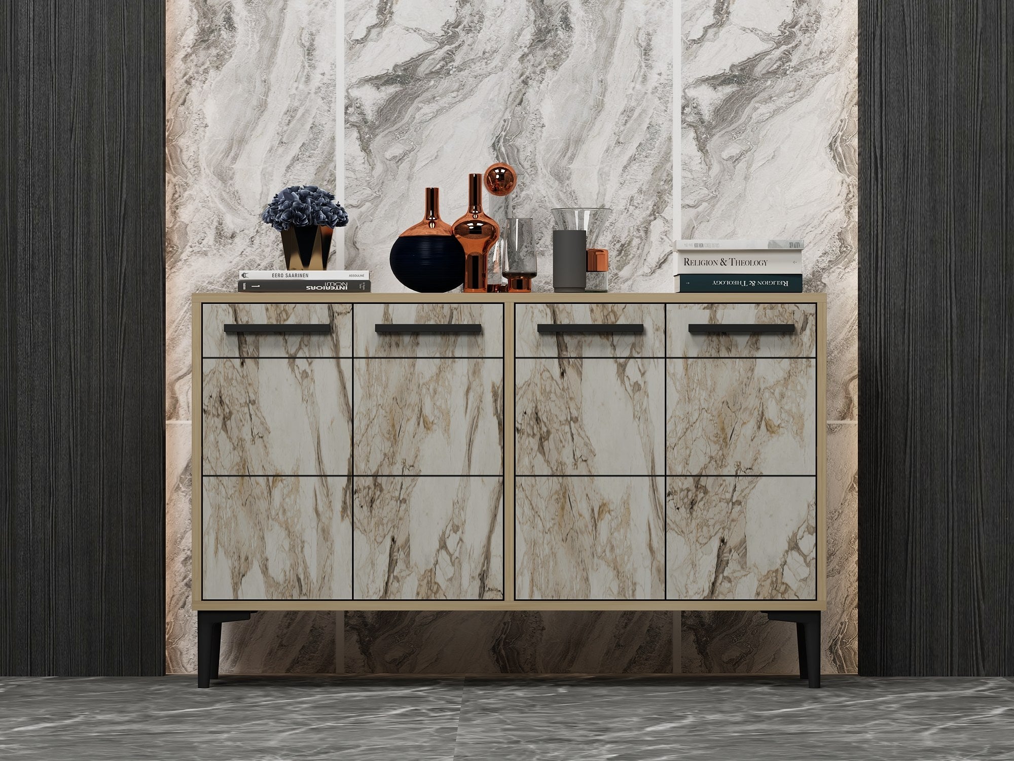 Aparador – 120 cm x 30 cm x 75 cm – Carvalho Safira e Mármore – MDF