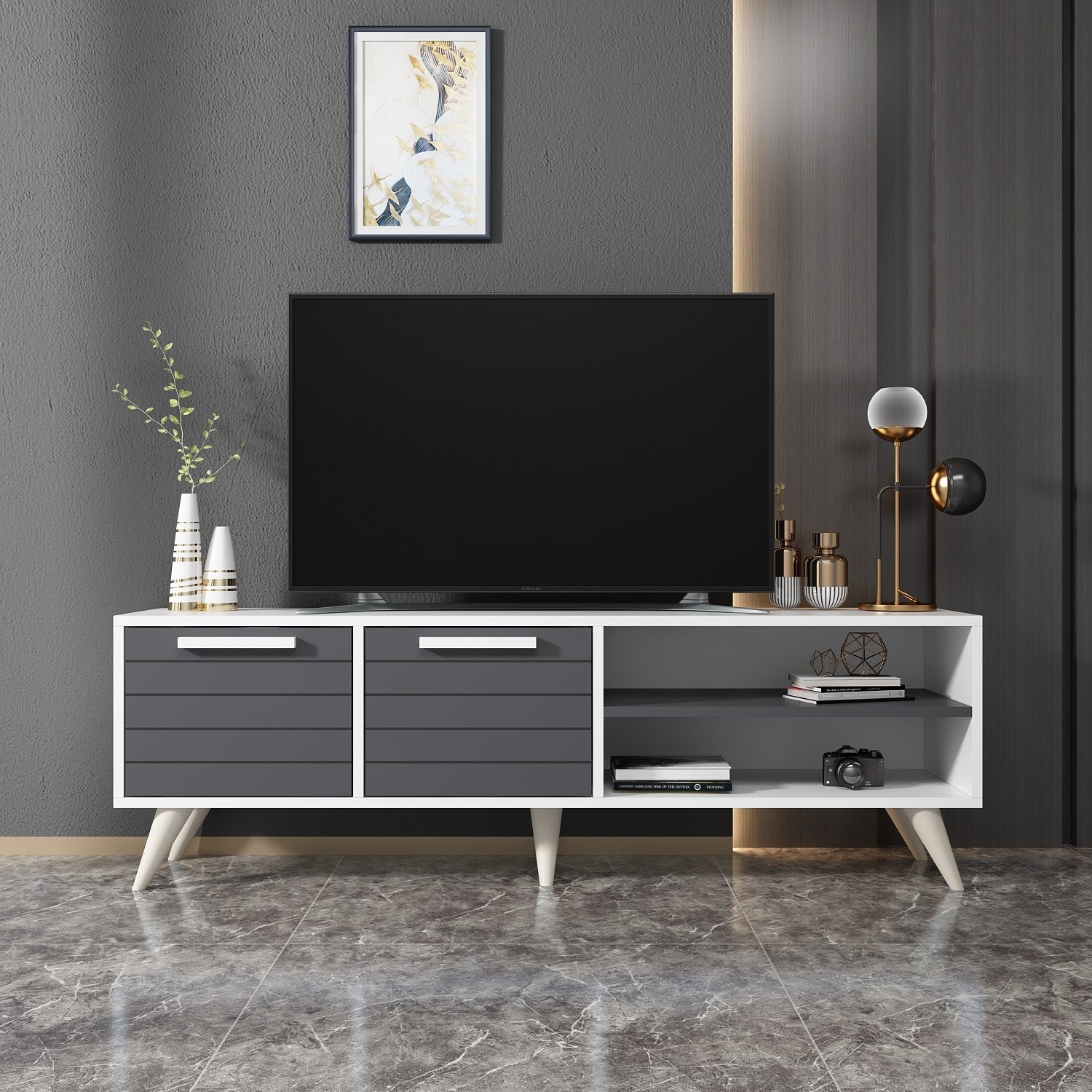 Móvel de TV – 150 cm x 30 cm x 48 cm – Branco e Antracite – MDF revestido de melamina