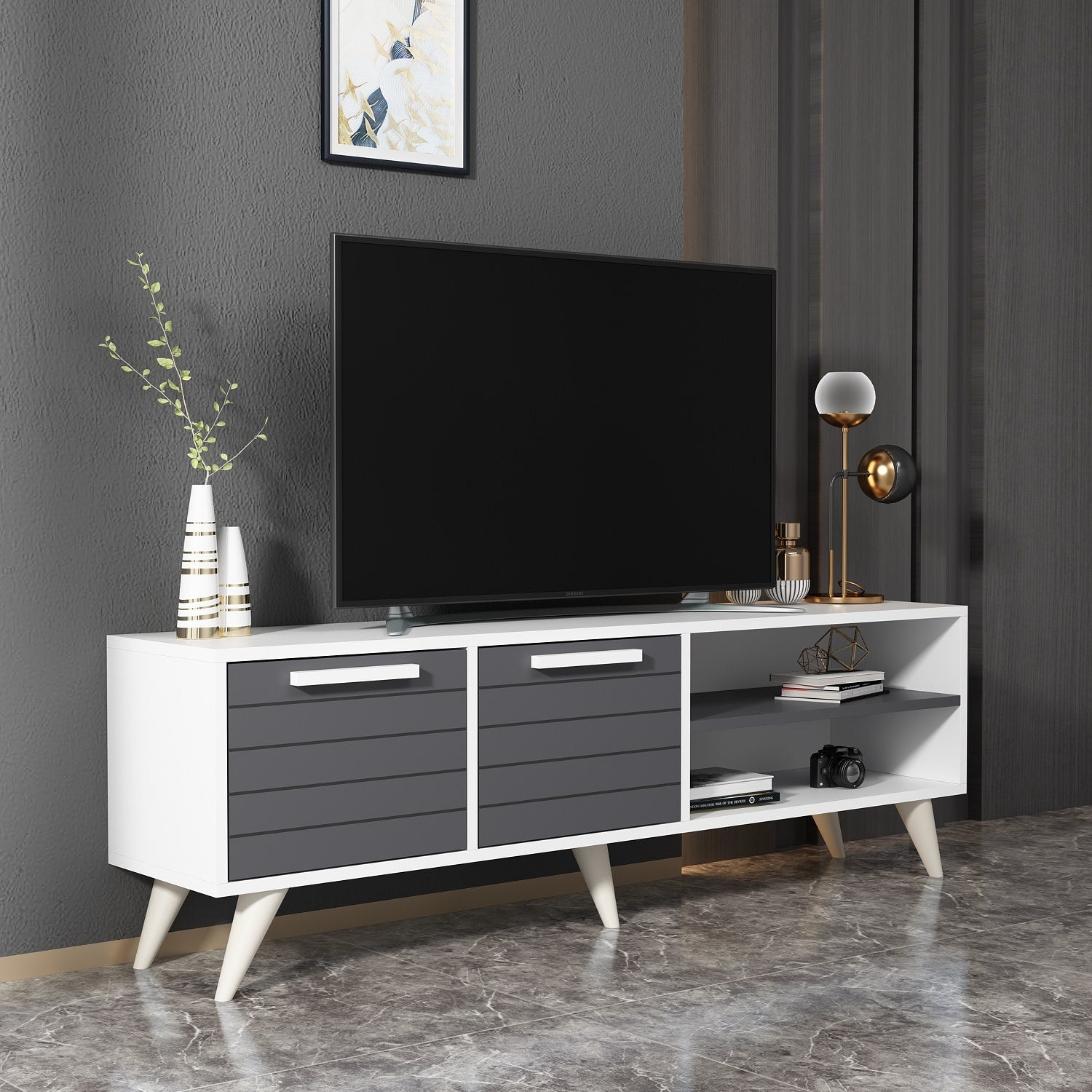 Móvel de TV – 150 cm x 30 cm x 48 cm – Branco e Antracite – MDF revestido de melamina