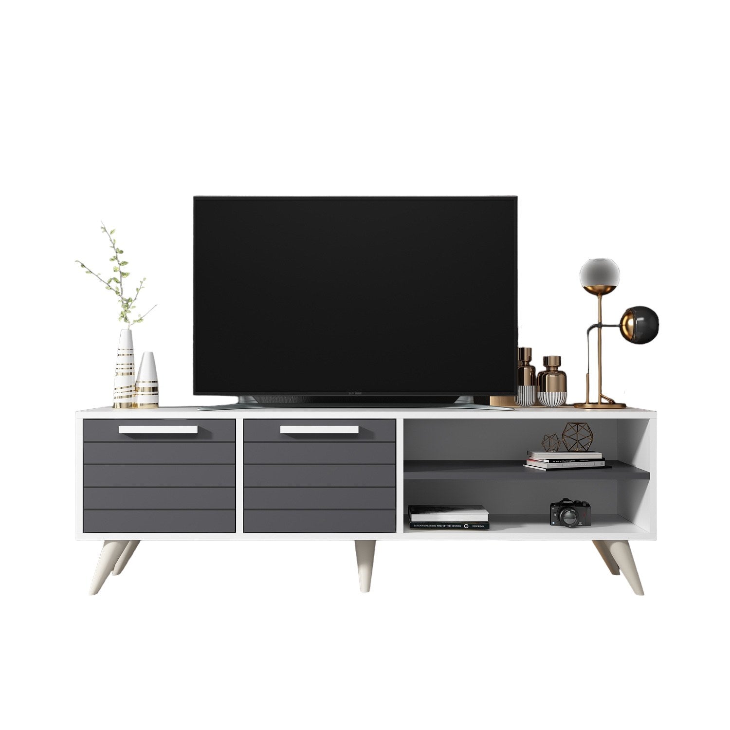 Móvel de TV – 150 cm x 30 cm x 48 cm – Branco e Antracite – MDF revestido de melamina