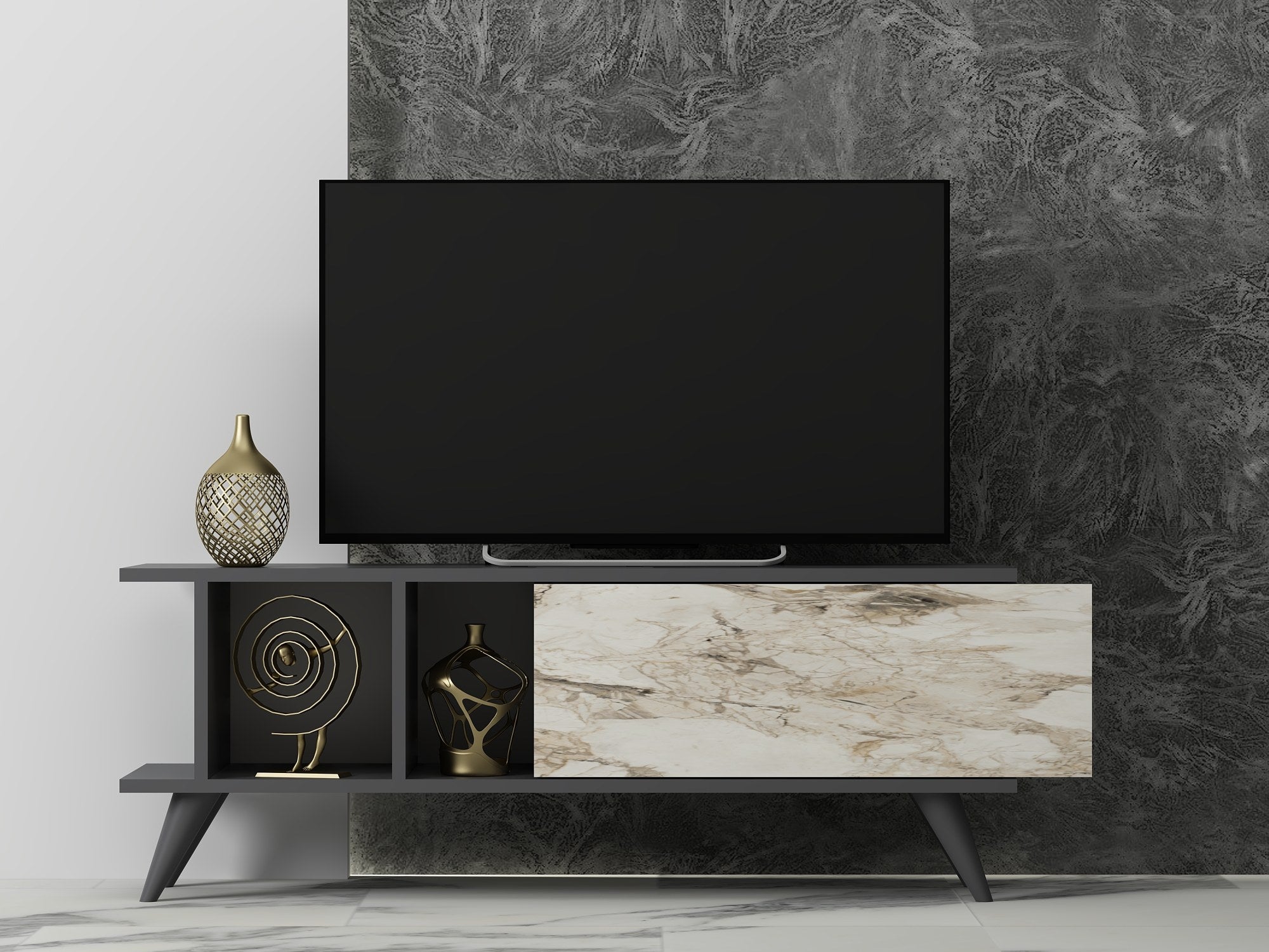 Móvel de TV – 120cm x 30cm x 45cm – Antracite e Mármore – painéis de partículas com revestimento em melamina