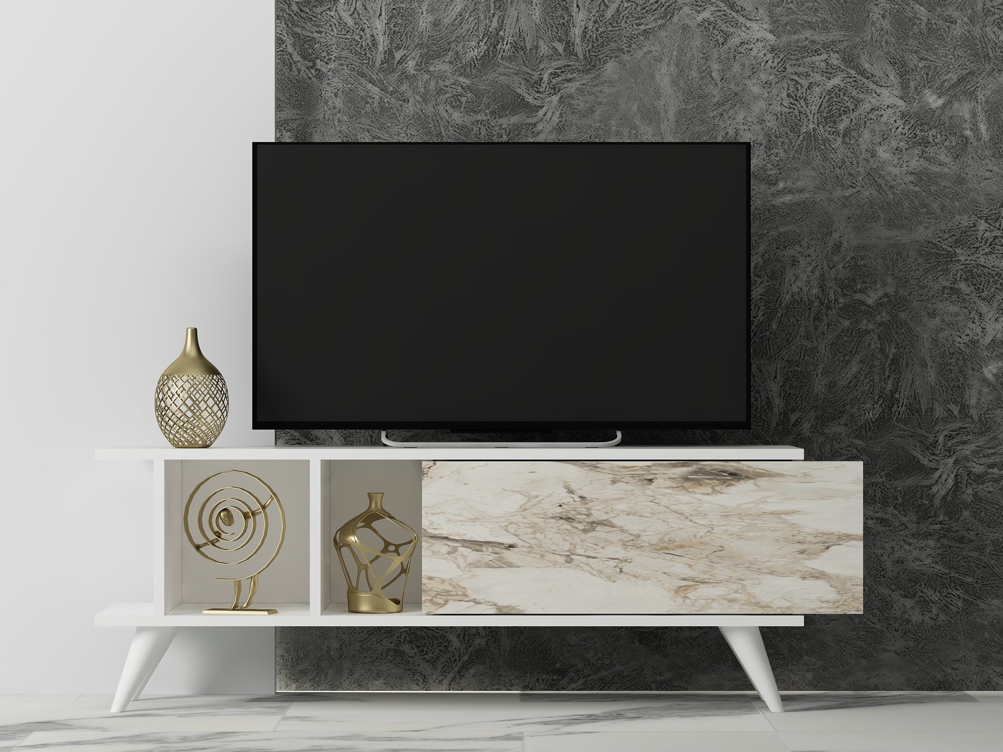 Móvel de TV – 120 cm x 30 cm x 45 cm – Branco e Mármore – MDF