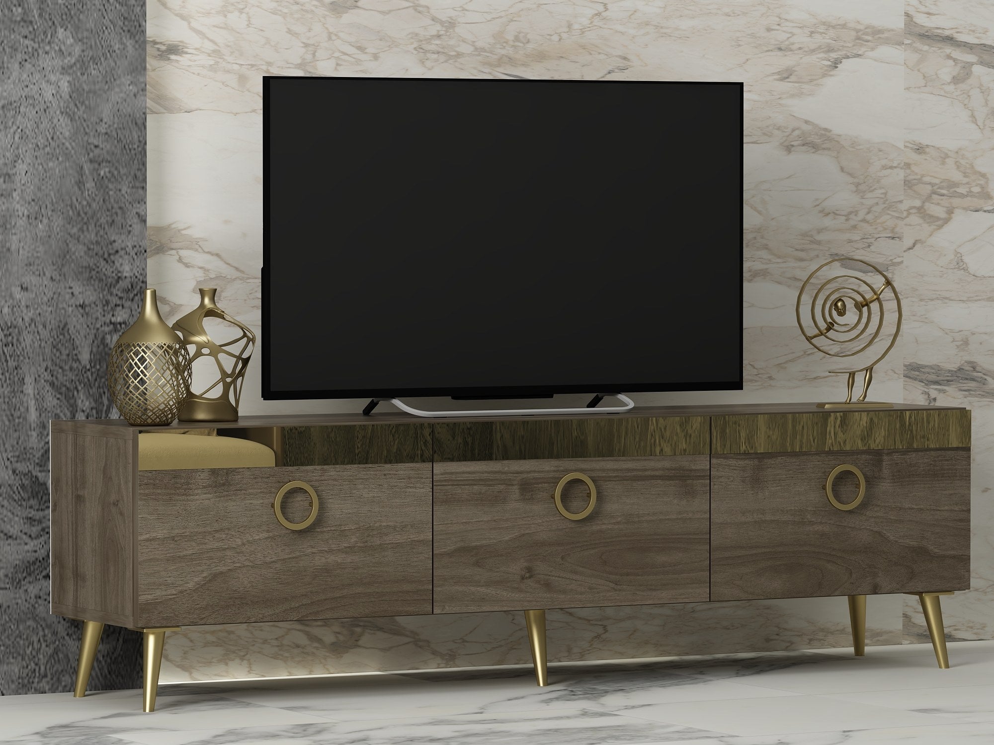 Móvel de TV – 150cm x 30cm x 45cm – Nogueira – Painel de partículas com revestimento em melamina