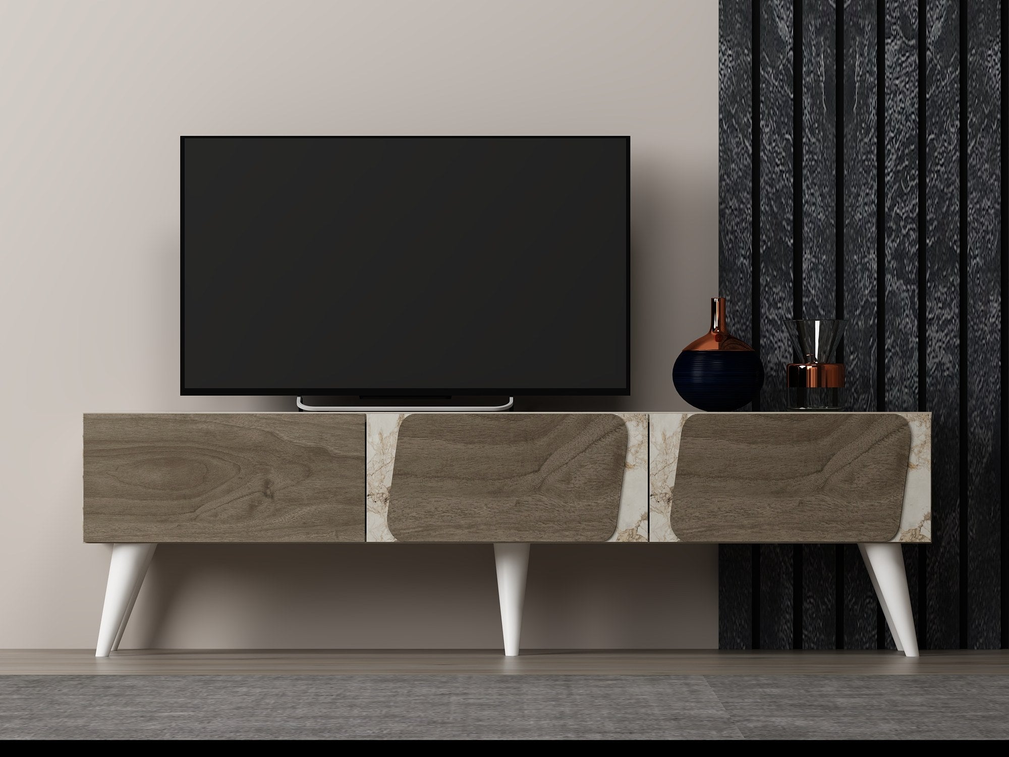 Móvel de TV – 150 cm x 30 cm x 43 cm – Mármore e Noz – MDF