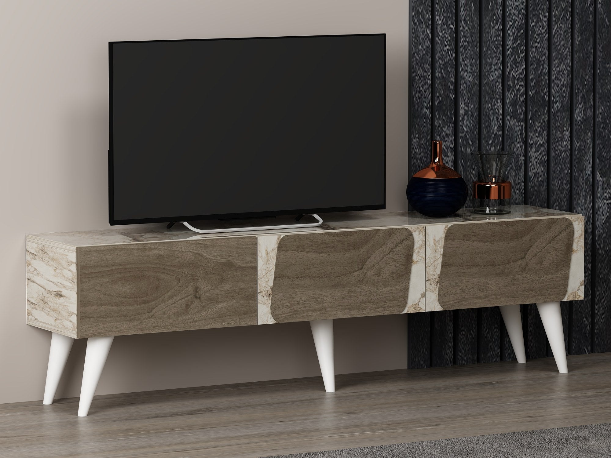Móvel de TV – 150 cm x 30 cm x 43 cm – Mármore e Noz – MDF