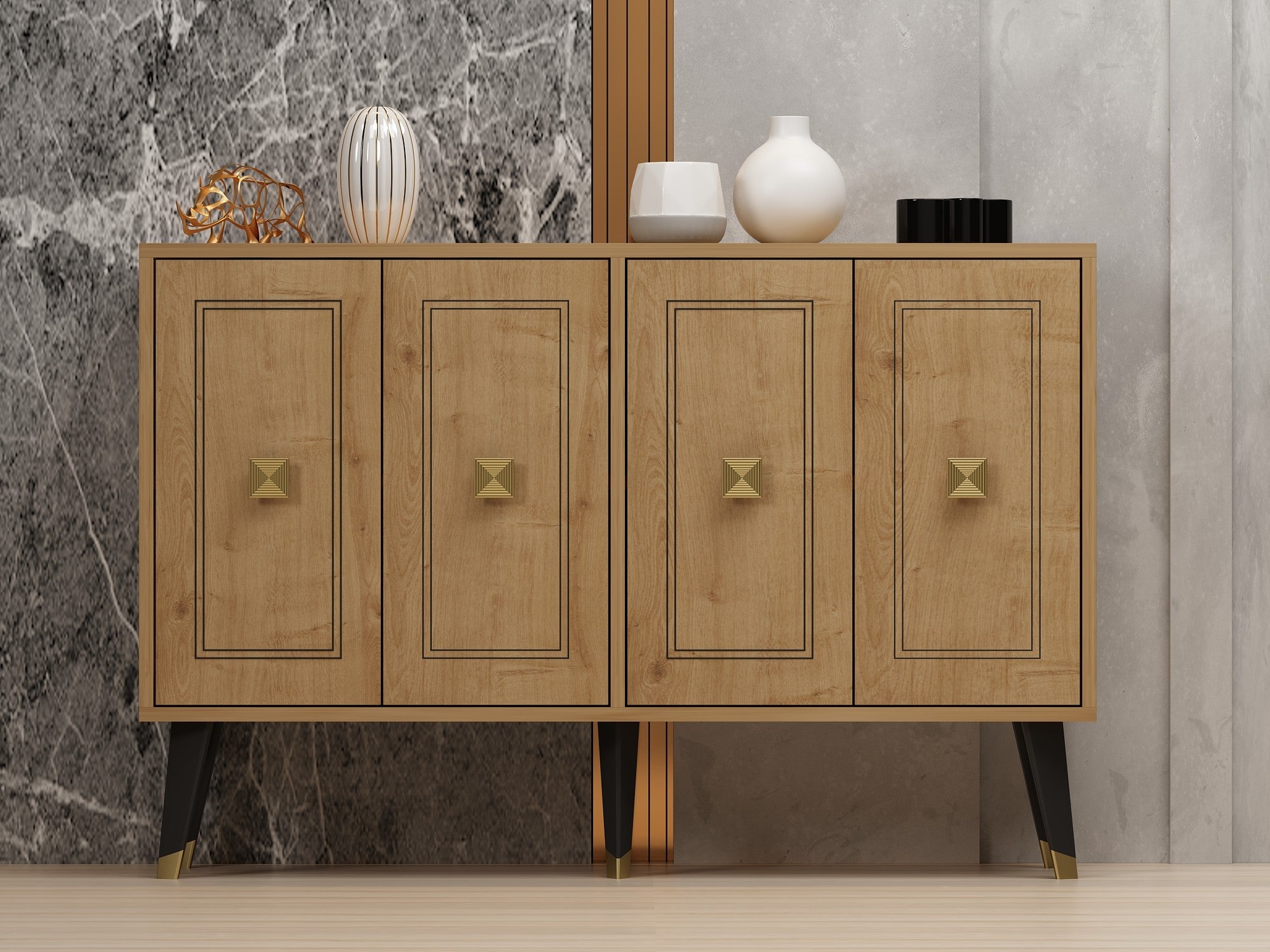 Aparador – 120cm x 80cm x 30cm – Carvalho safira e dourado – Painel de partículas revestido a melamina