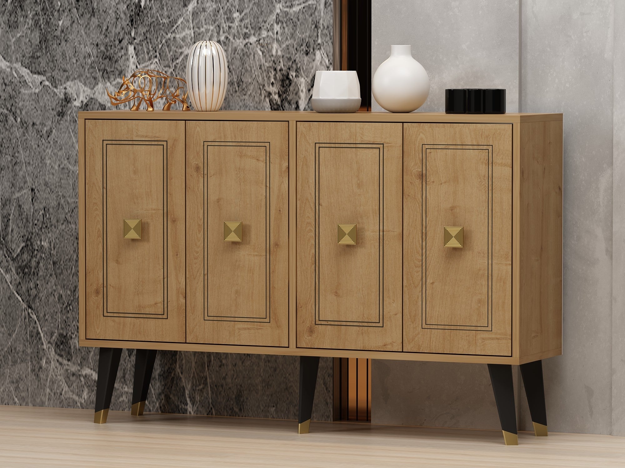 Aparador – 120cm x 80cm x 30cm – Carvalho safira e dourado – Painel de partículas revestido a melamina