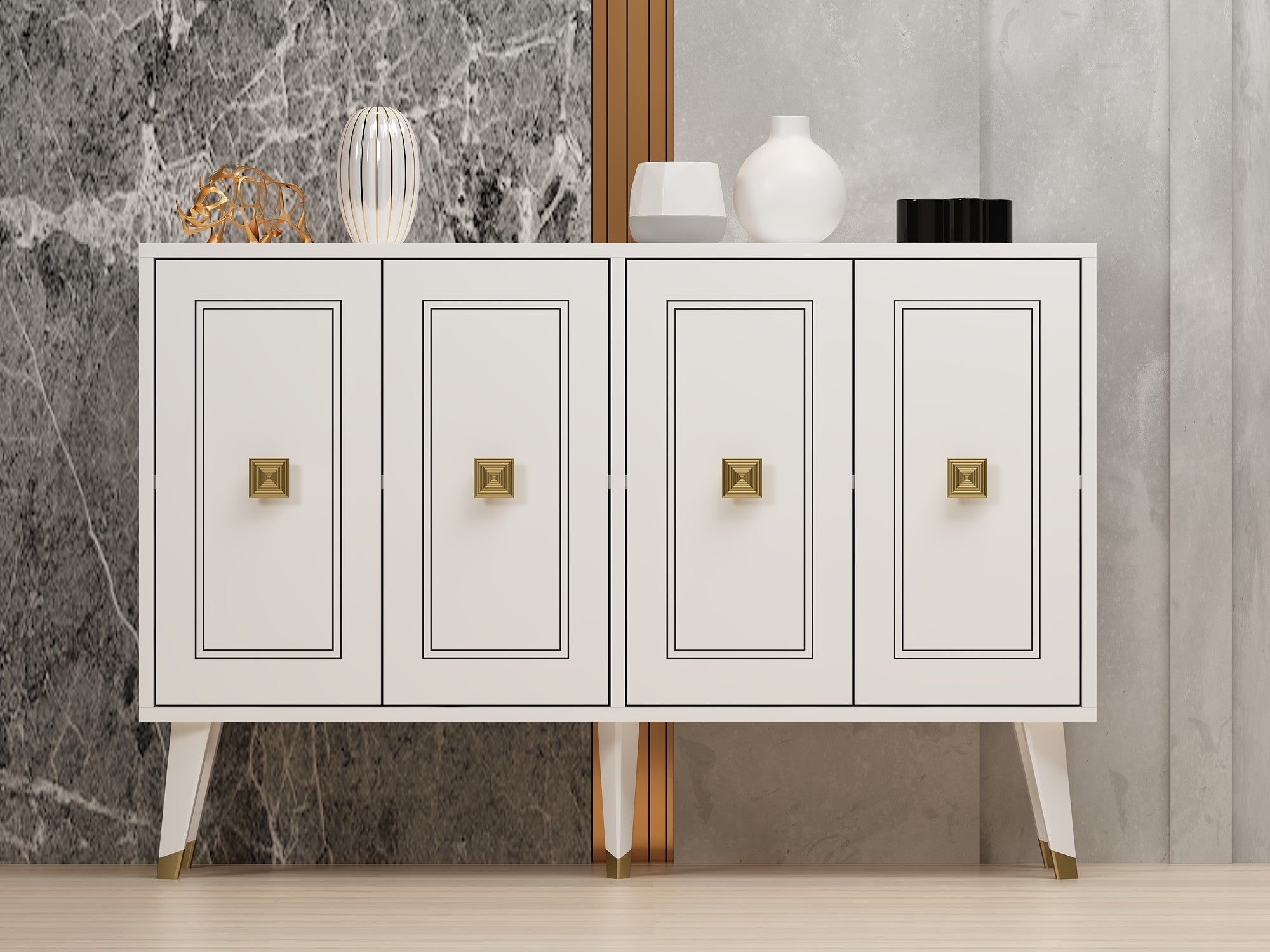 Aparador – 120cm x 80cm x 30cm – Branco e Dourado – Painel de Partículas