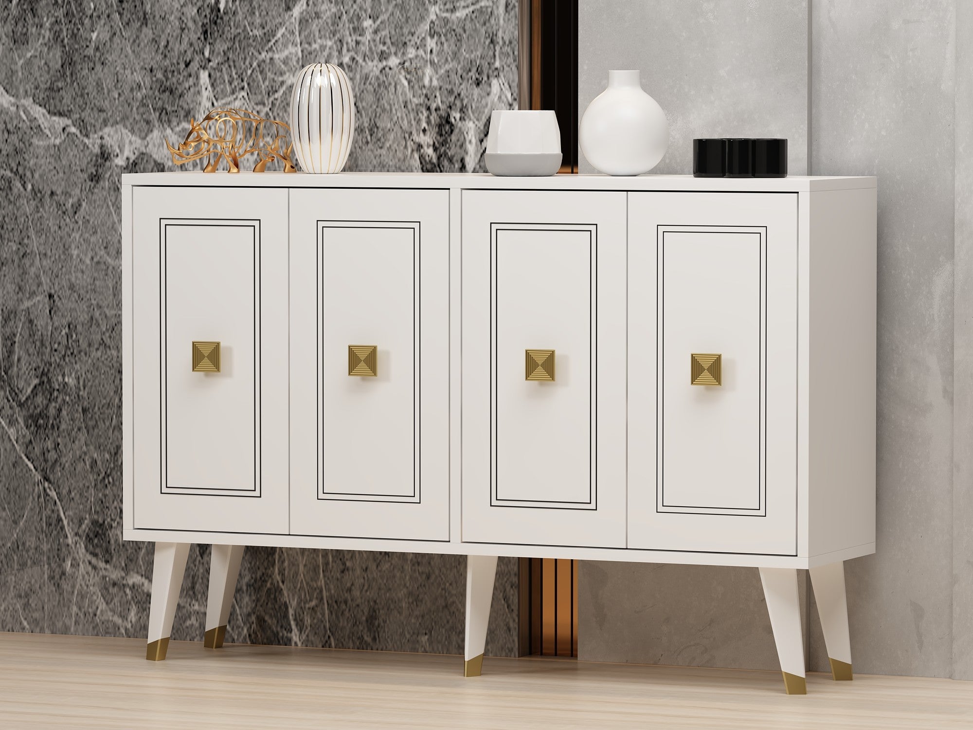 Aparador – 120cm x 80cm x 30cm – Branco e Dourado – Painel de Partículas