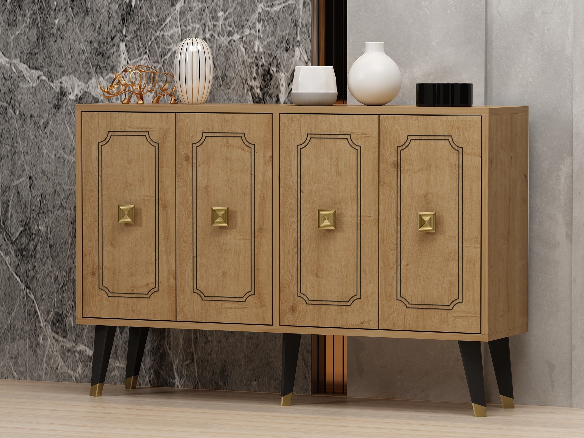 Aparador – 120cm x 80cm x 30cm – Carvalho safira e dourado – Painéis de partículas revestidos a melamina