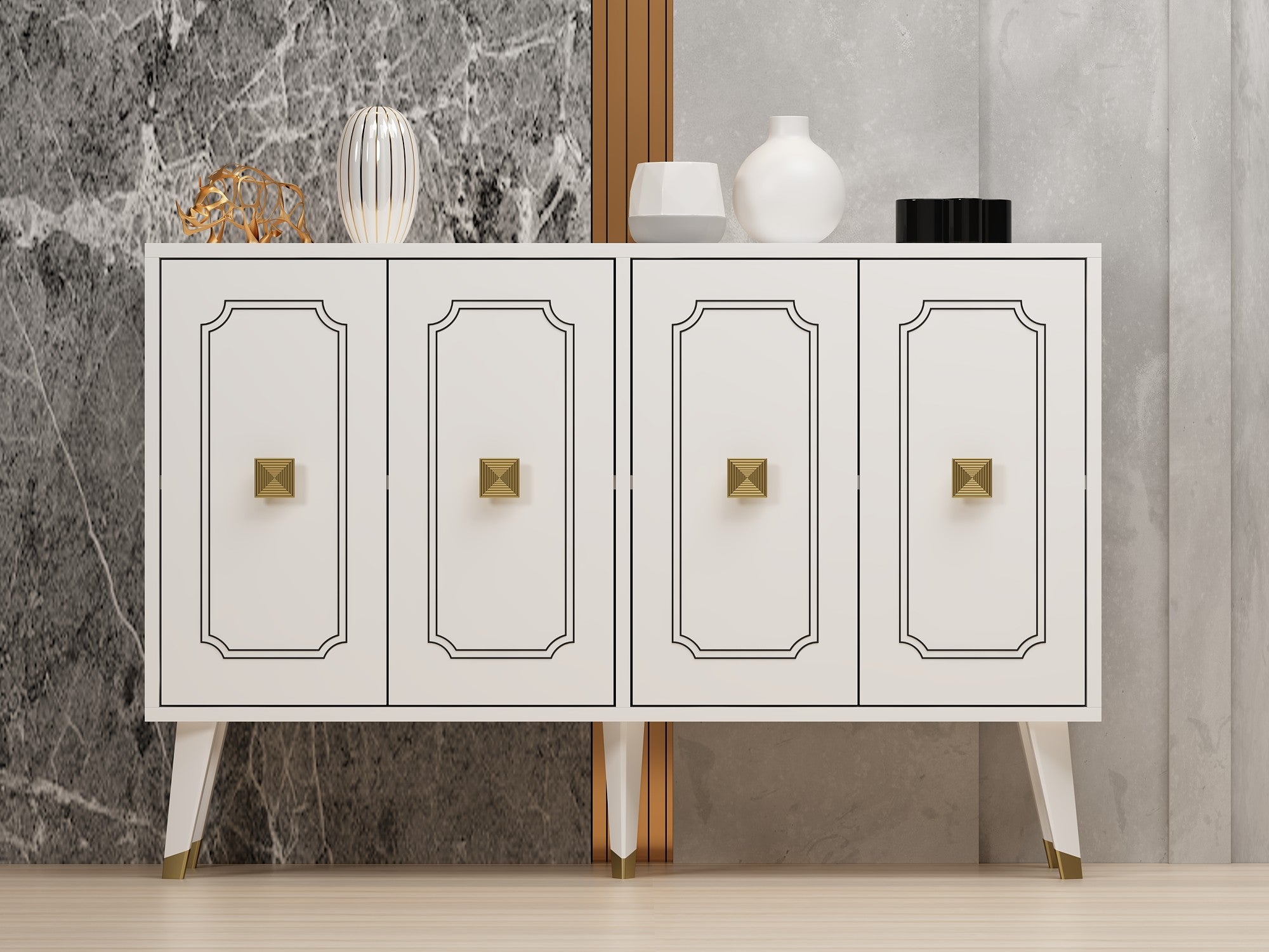 Aparador Elegante – 120 x 30 x 80 cm – Branco e Dourado – Painel de Partículas