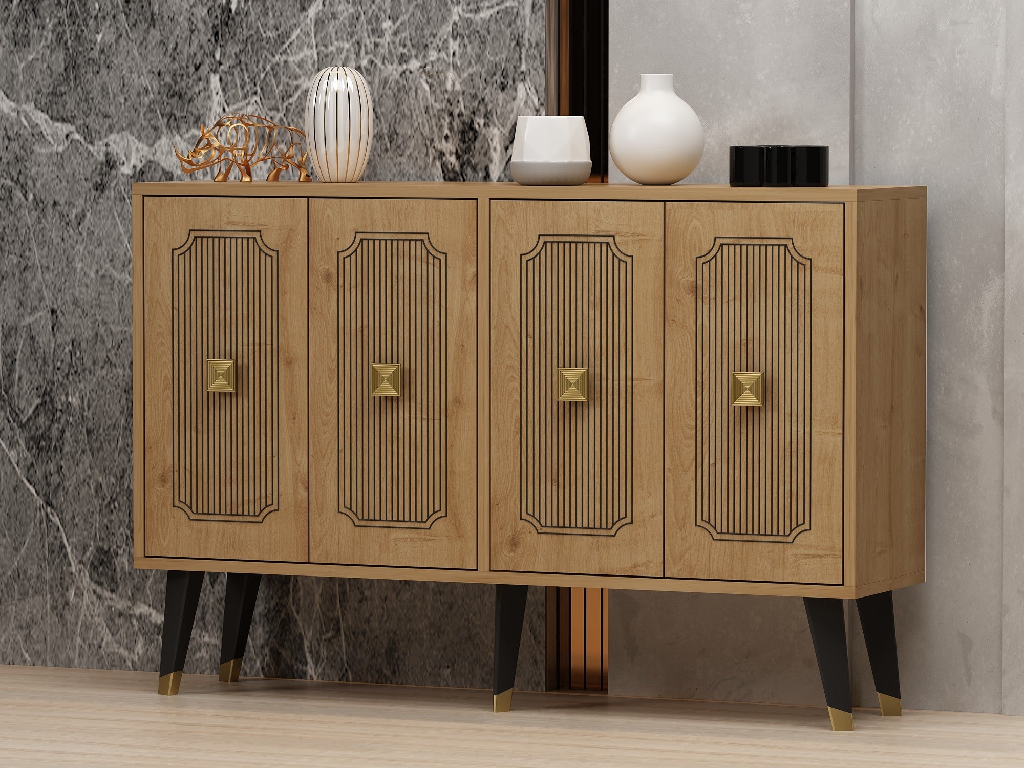Aparador – 120 cm x 80 cm x 30 cm – Carvalho Safira e Dourado – Painéis de Partículas Revestido a Melamina